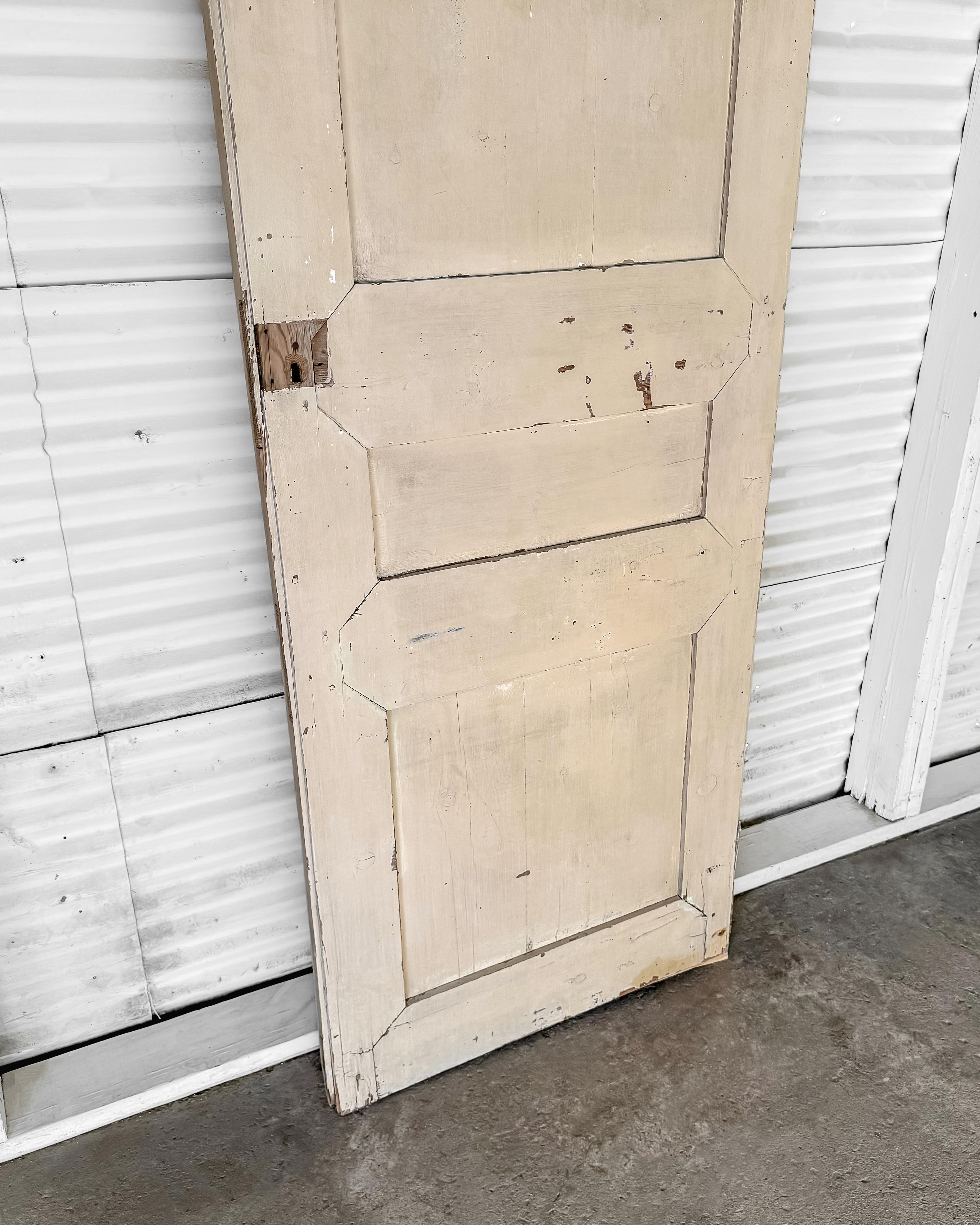 19th Century Reclaimed 3-Panel French Door with Worn Original Apricot Paint For Sale 9