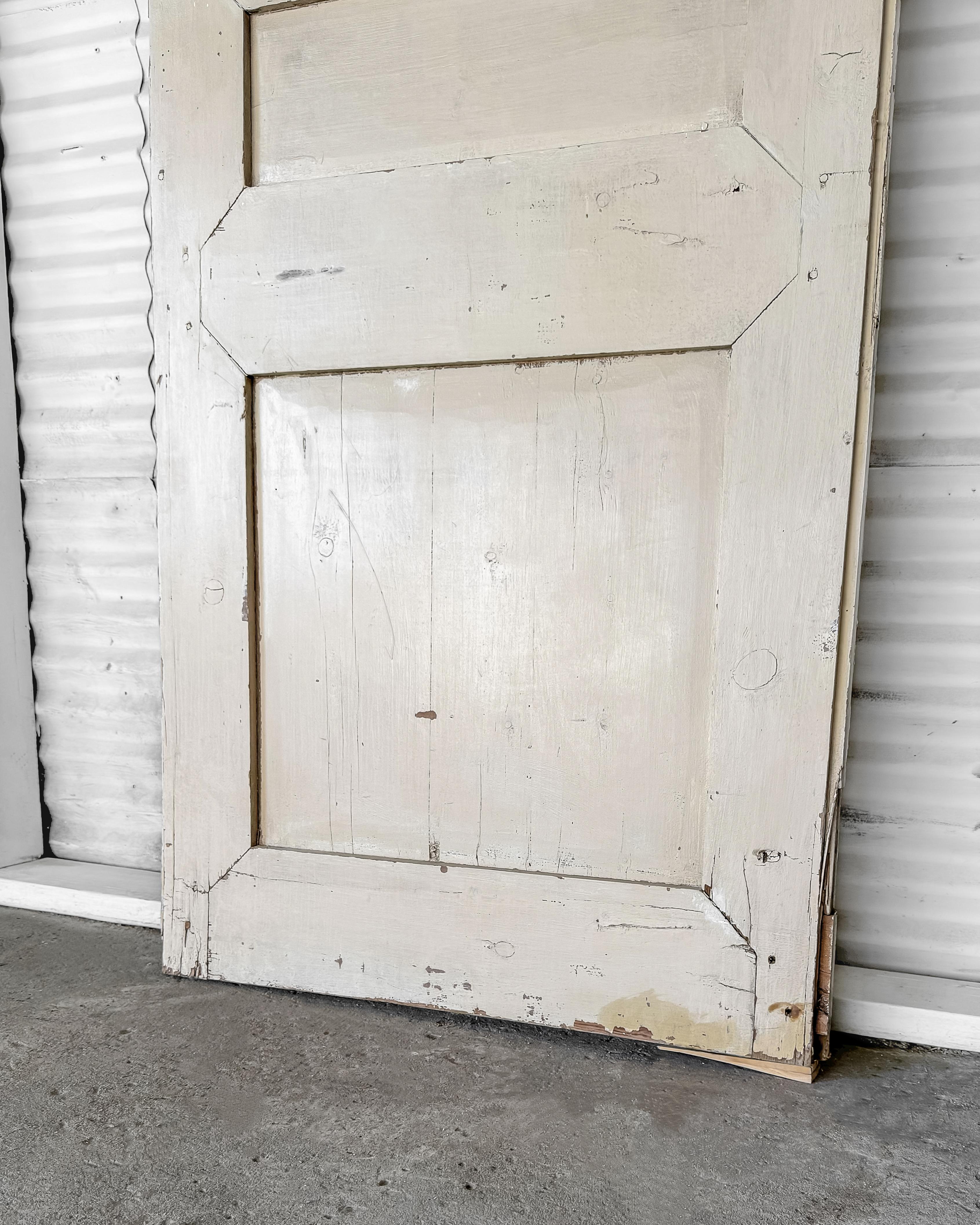 19th Century Reclaimed 3-Panel French Door with Worn Original Apricot Paint For Sale 10