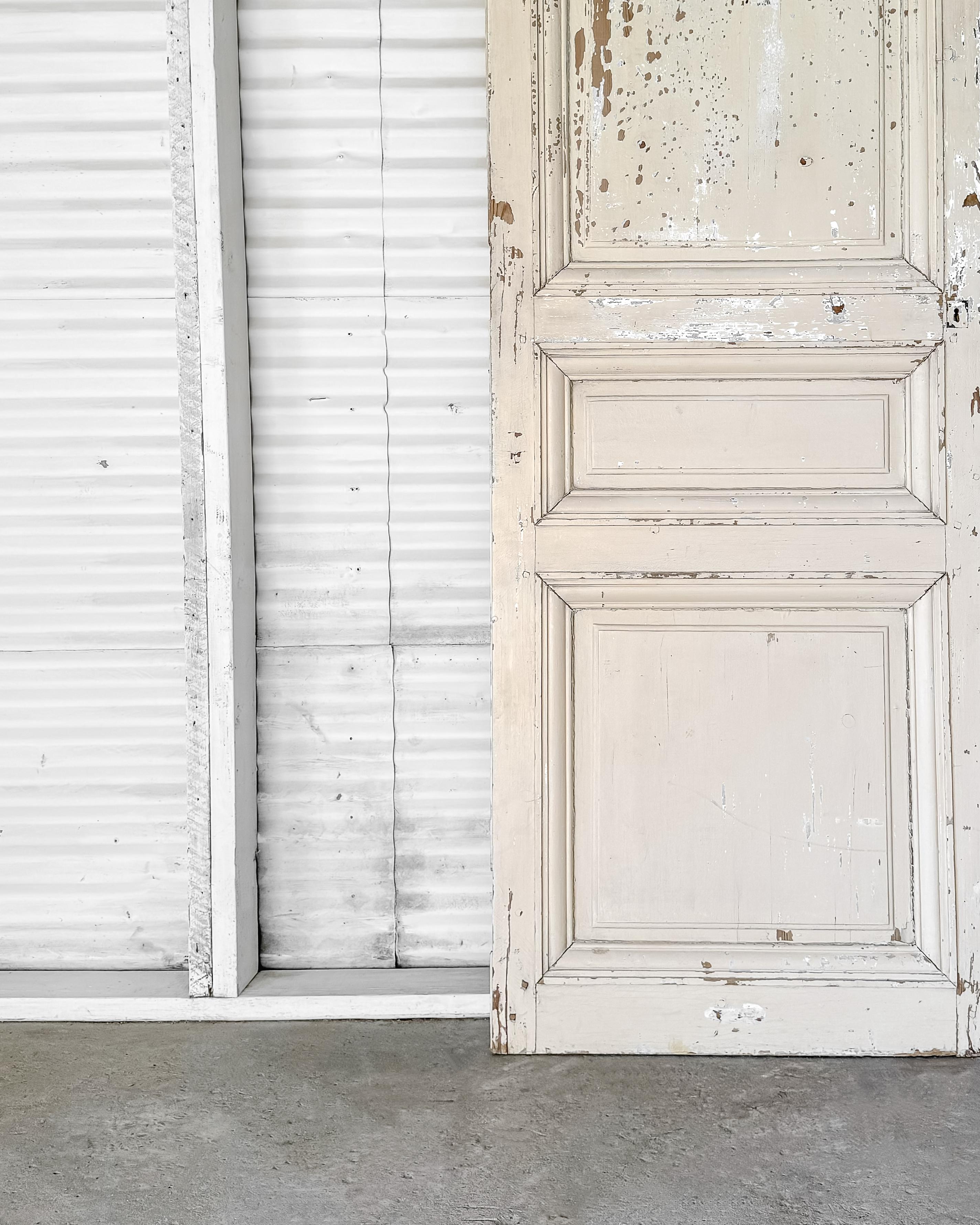 19th Century Reclaimed 3-Panel French Door with Worn Original Apricot Paint For Sale 2