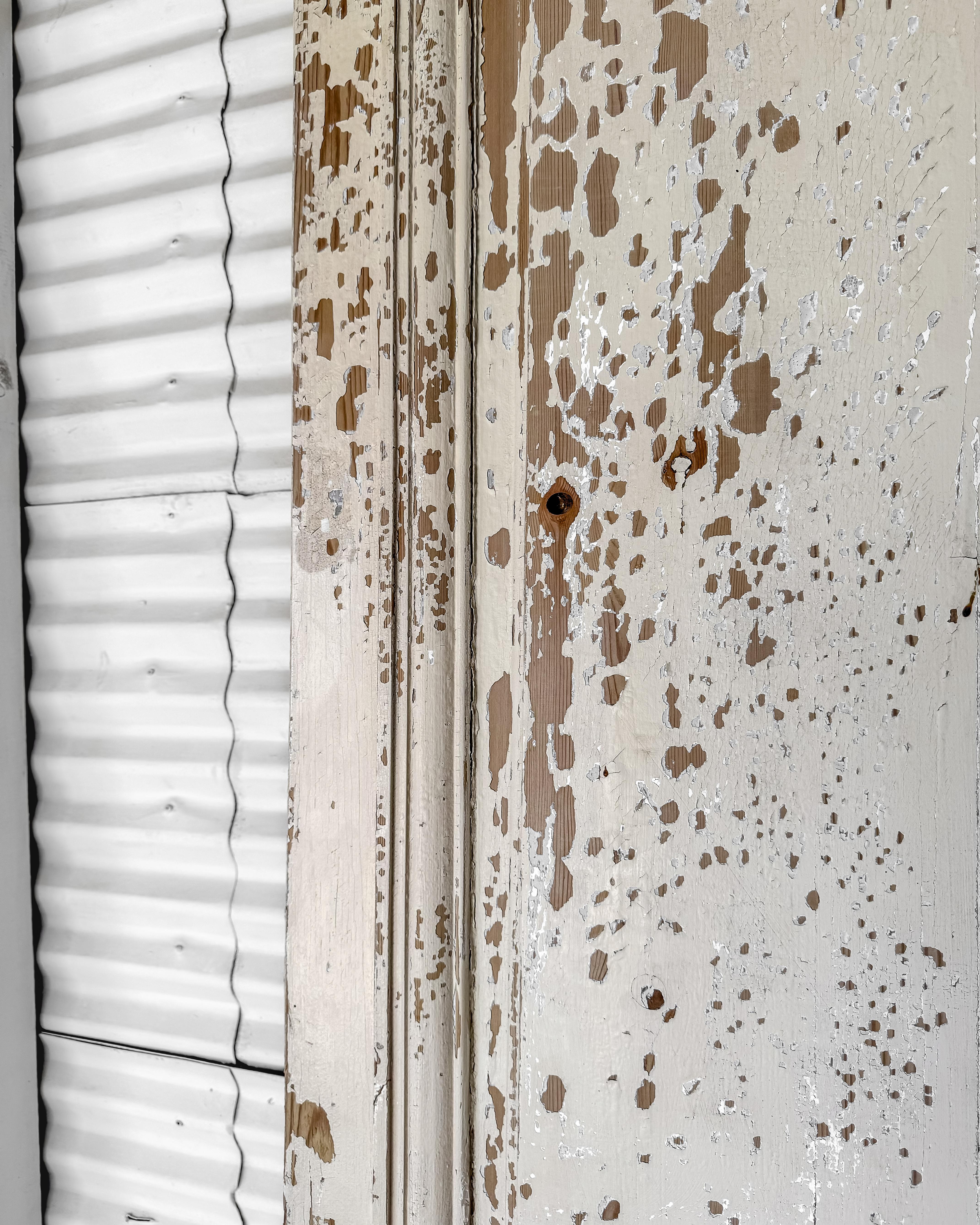19th Century Reclaimed 3-Panel French Door with Worn Original Apricot Paint For Sale 3