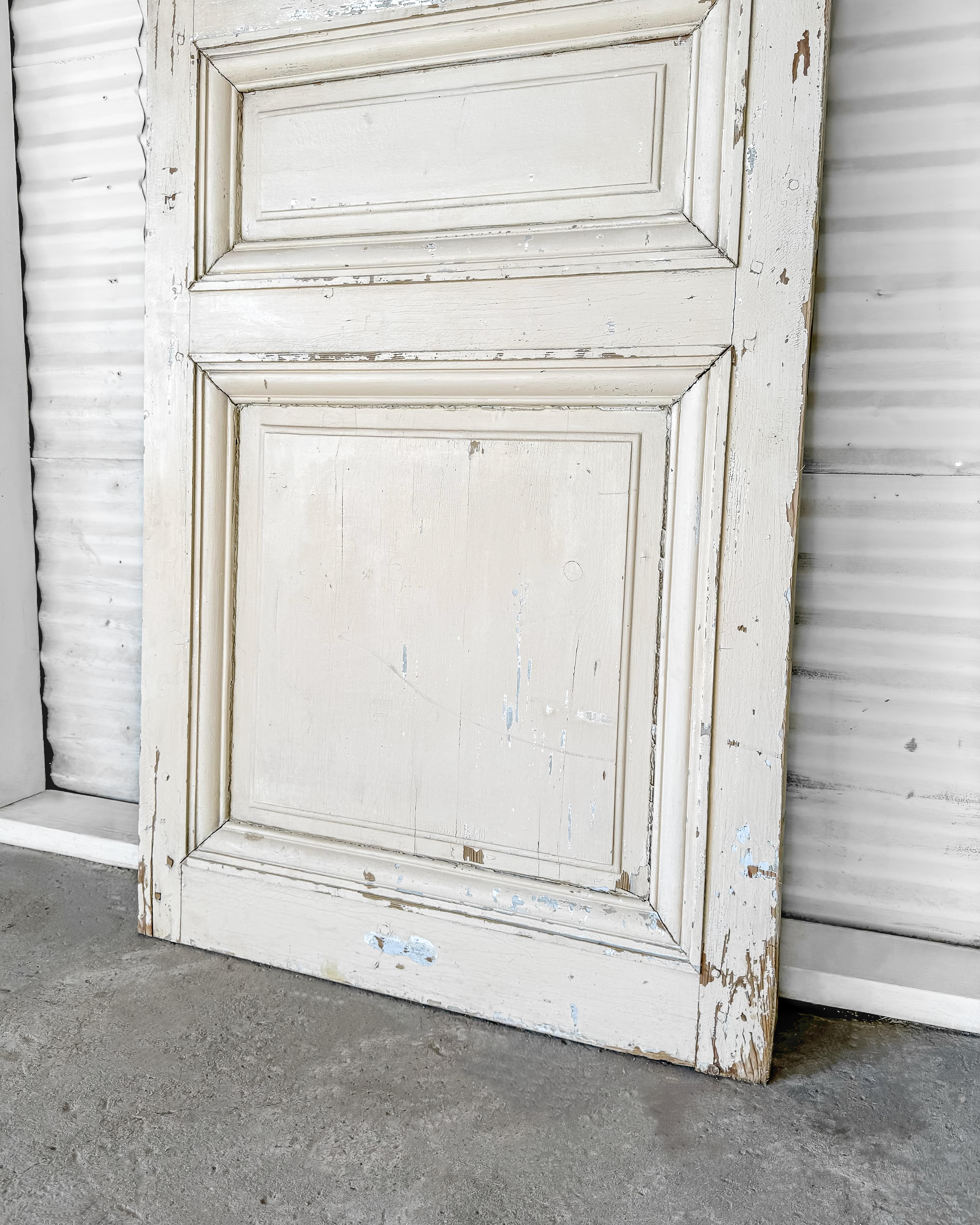 19th Century Reclaimed 3-Panel French Door with Worn Original Apricot Paint For Sale 5