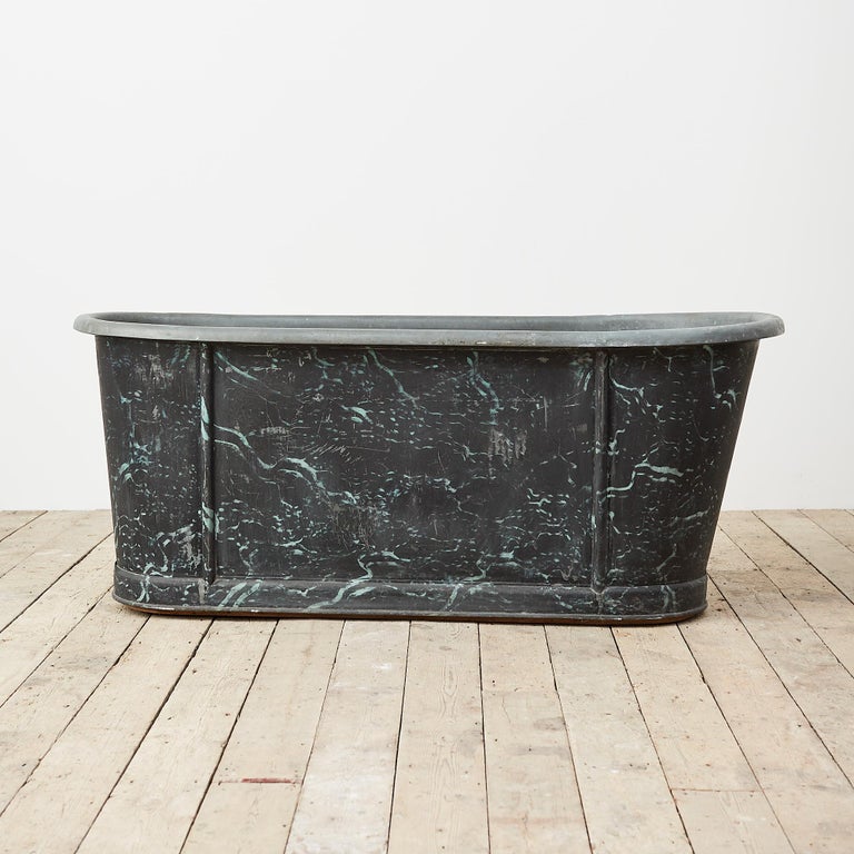19th Century Reclaimed French Zinc Bath with Marbled Decoration at 1stDibs
