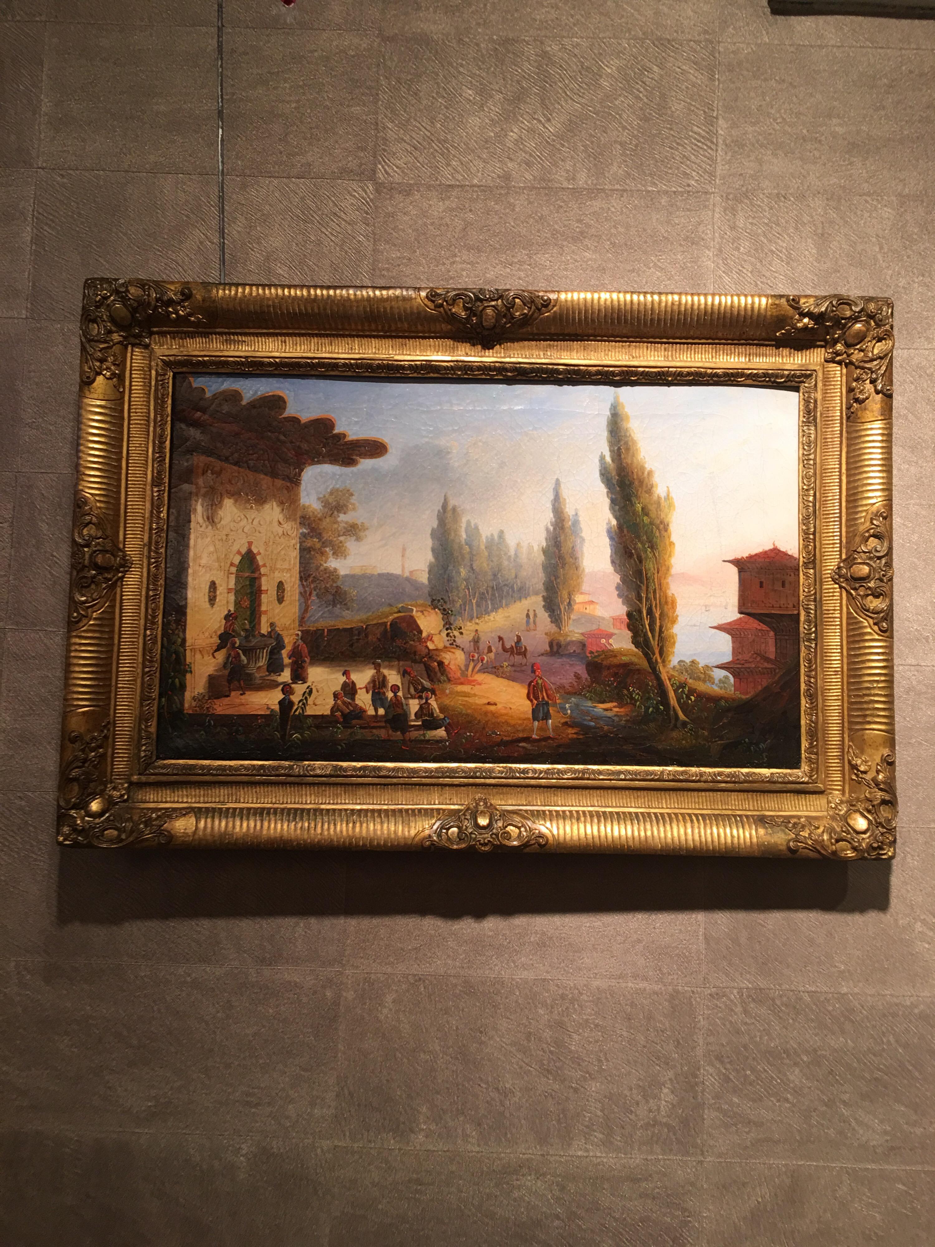 19th century Orientalist painting. French school.
Oil on canvas with frame from same period.
The painting is in excellent overall condition.
A past repair is visible on the back of the canvas.
The golden wood and plaster frame is from the