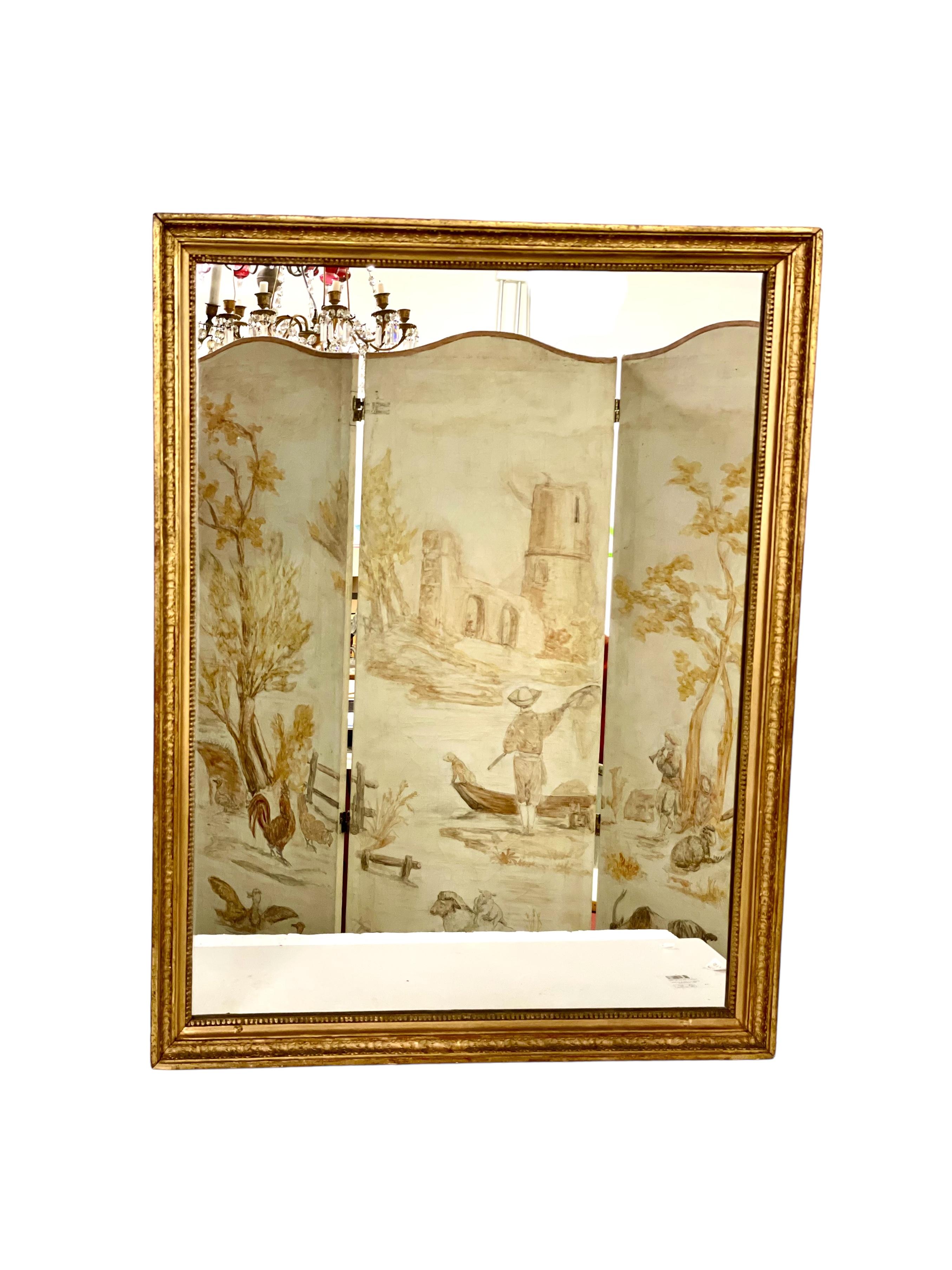 Miroir mural en bois et stuc doré du XIXe siècle, dont l'encadrement doré est magnifiquement orné de perles et de minuscules palmettes en relief. Ce miroir rectangulaire élégant présente quelques signes d'usure liés à l'âge.
Élégant et pratique, ce