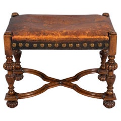 19th Century Rectangular Walnut Bench with Brown Leather Upholstered Seat