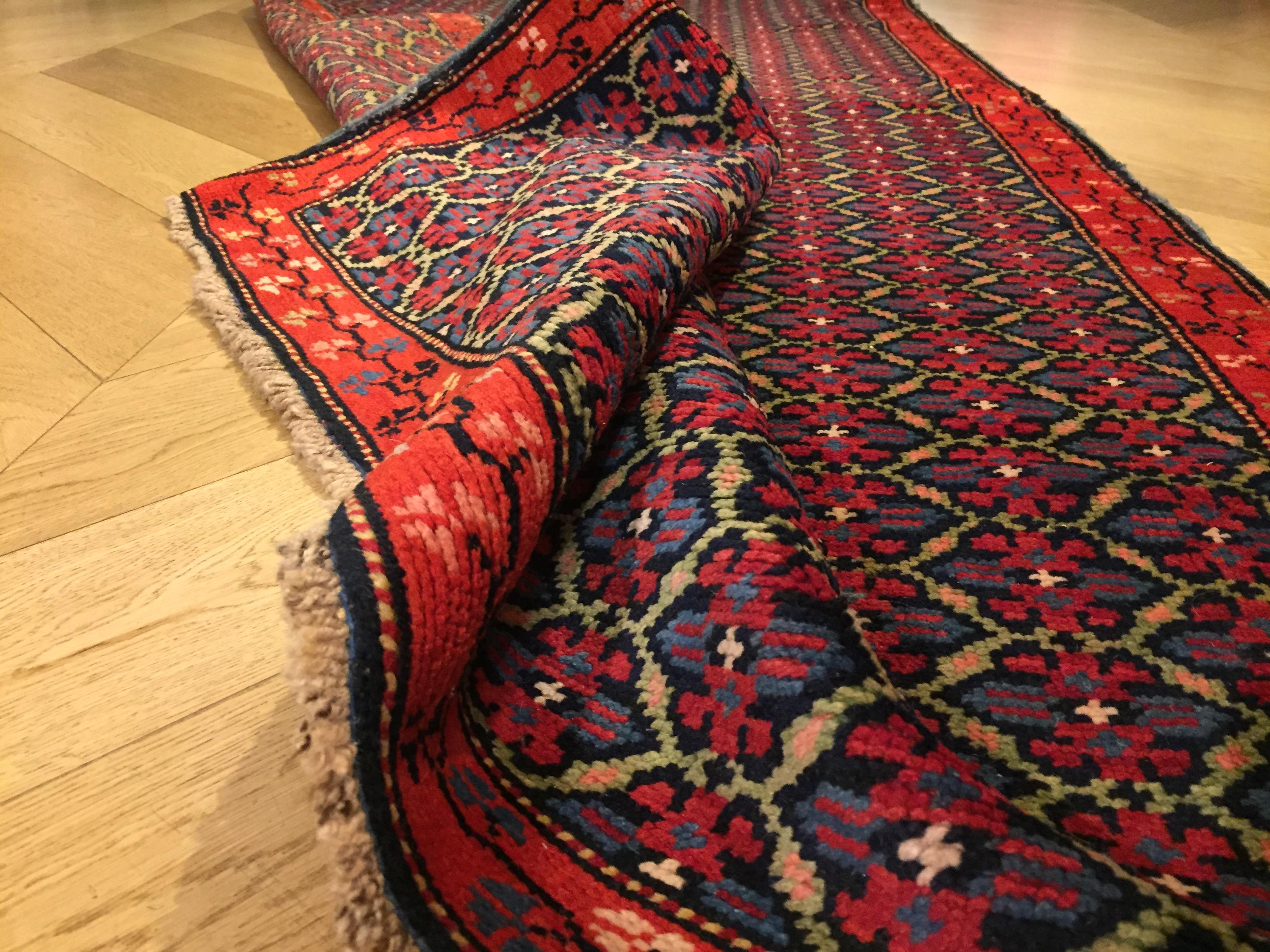 19th Century Red and Blue Flower Wool Runner Karabagh Caucasian Rug, circa 1950 For Sale 4