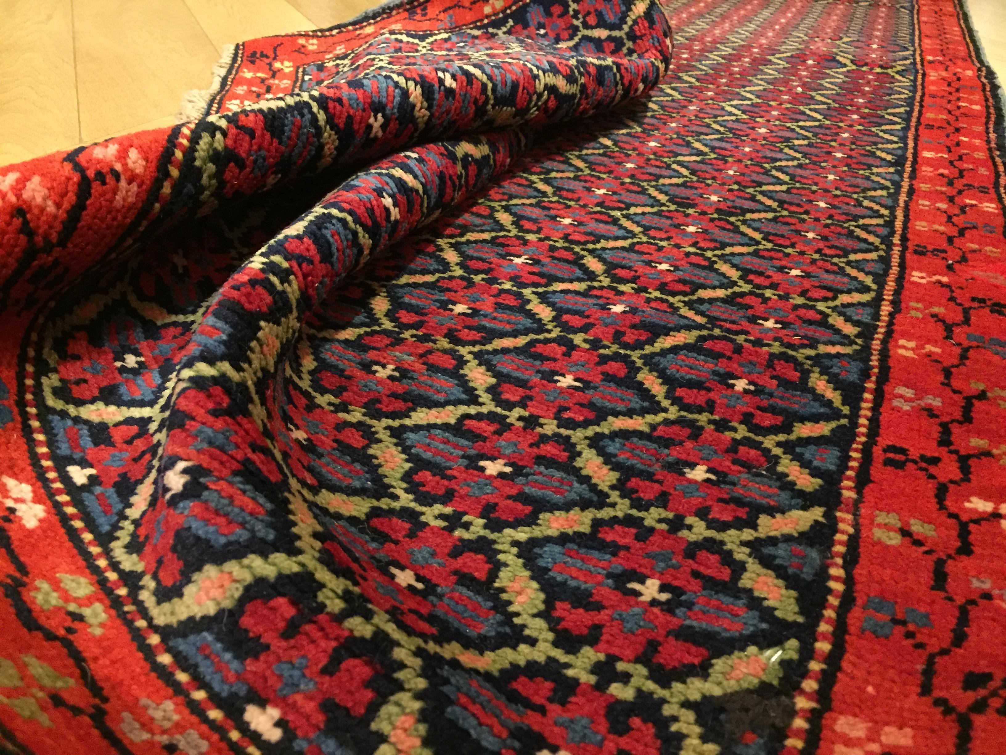 19th Century Red and Blue Flower Wool Runner Karabagh Caucasian Rug, circa 1950 For Sale 5