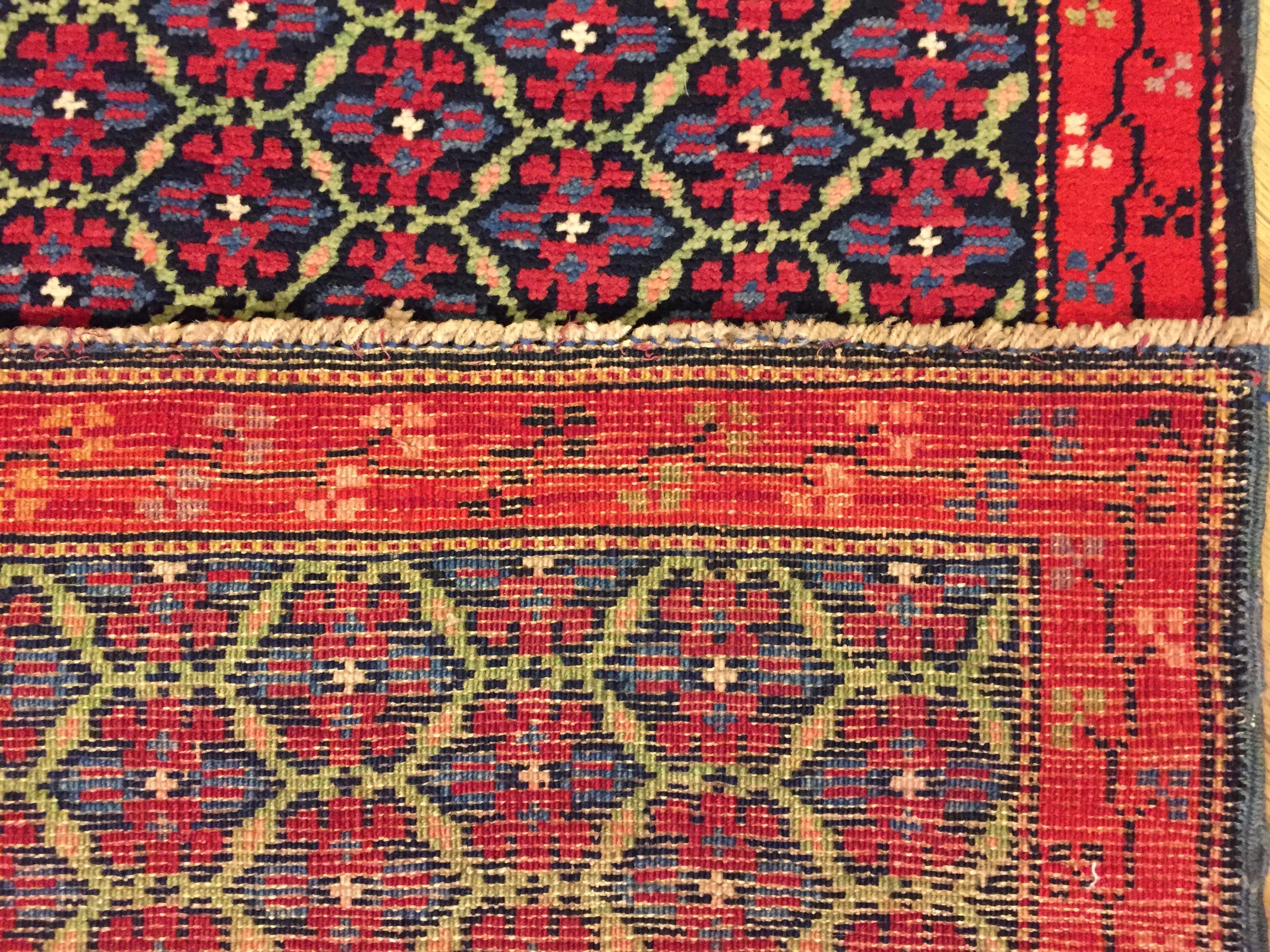 19th Century Red and Blue Flower Wool Runner Karabagh Caucasian Rug, circa 1950 For Sale 7