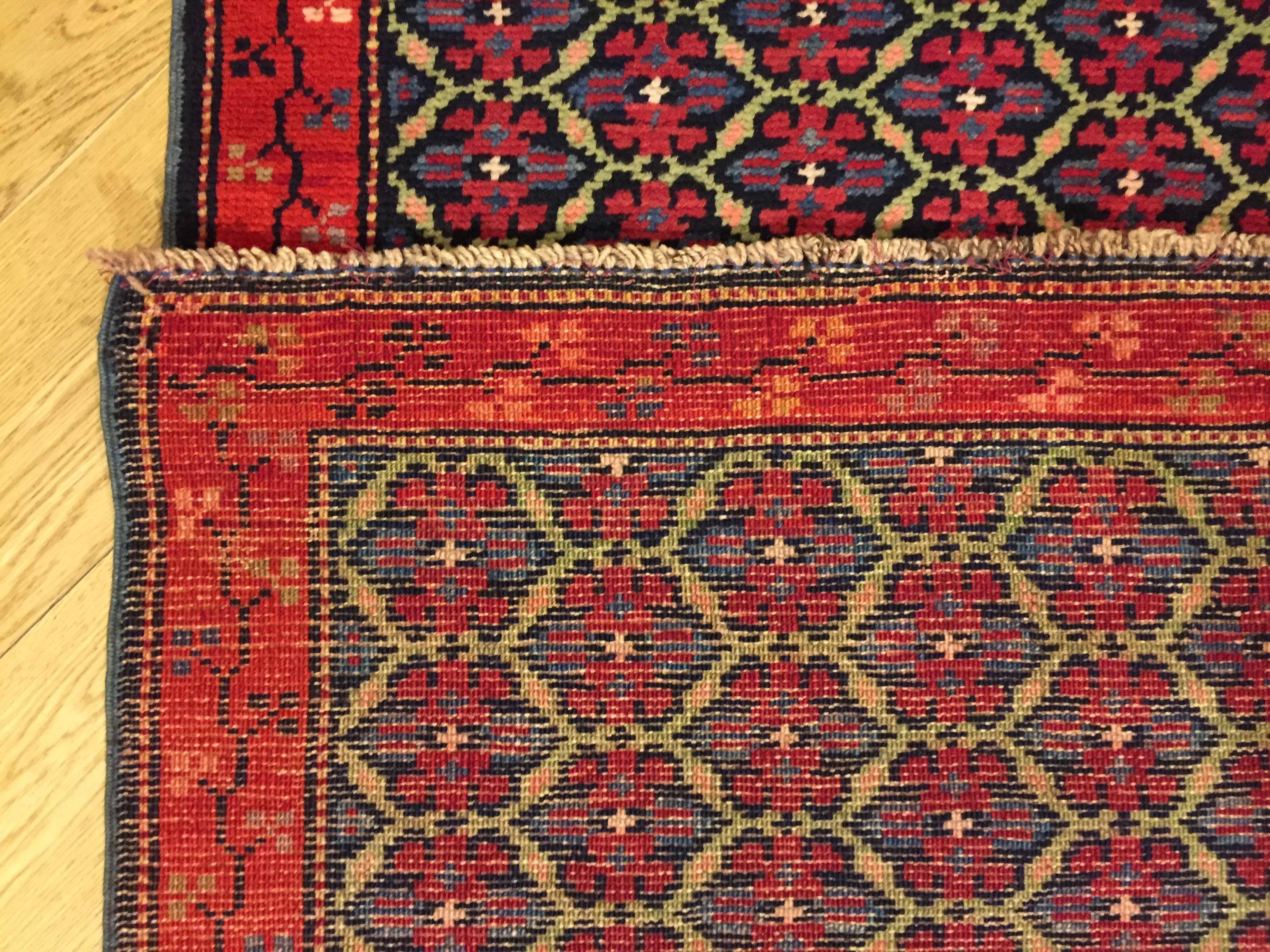 19th Century Red and Blue Flower Wool Runner Karabagh Caucasian Rug, circa 1950 For Sale 9