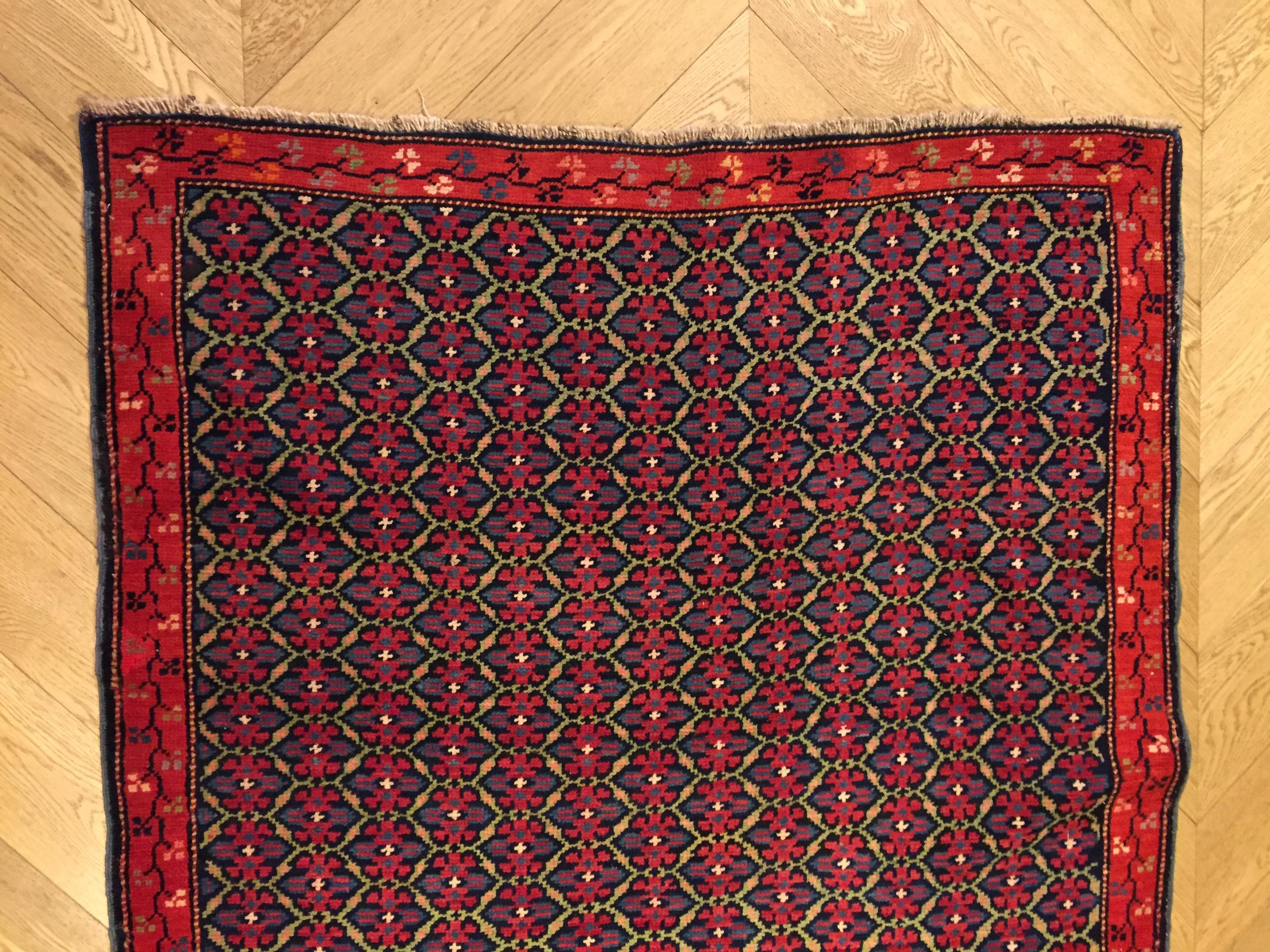 Hand-Knotted 19th Century Red and Blue Flower Wool Runner Karabagh Caucasian Rug, circa 1950 For Sale