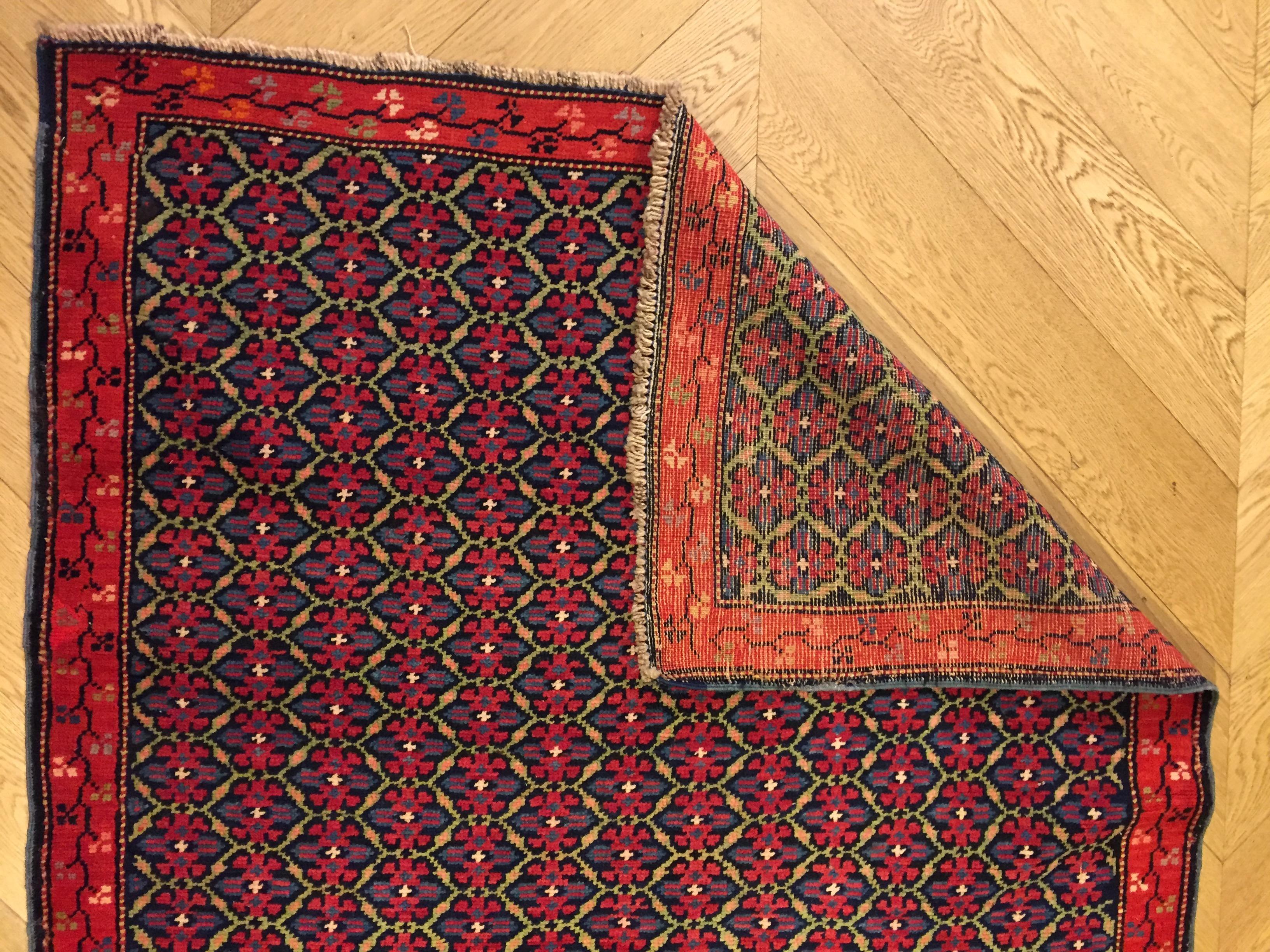 19th Century Red and Blue Flower Wool Runner Karabagh Caucasian Rug, circa 1950 For Sale 2
