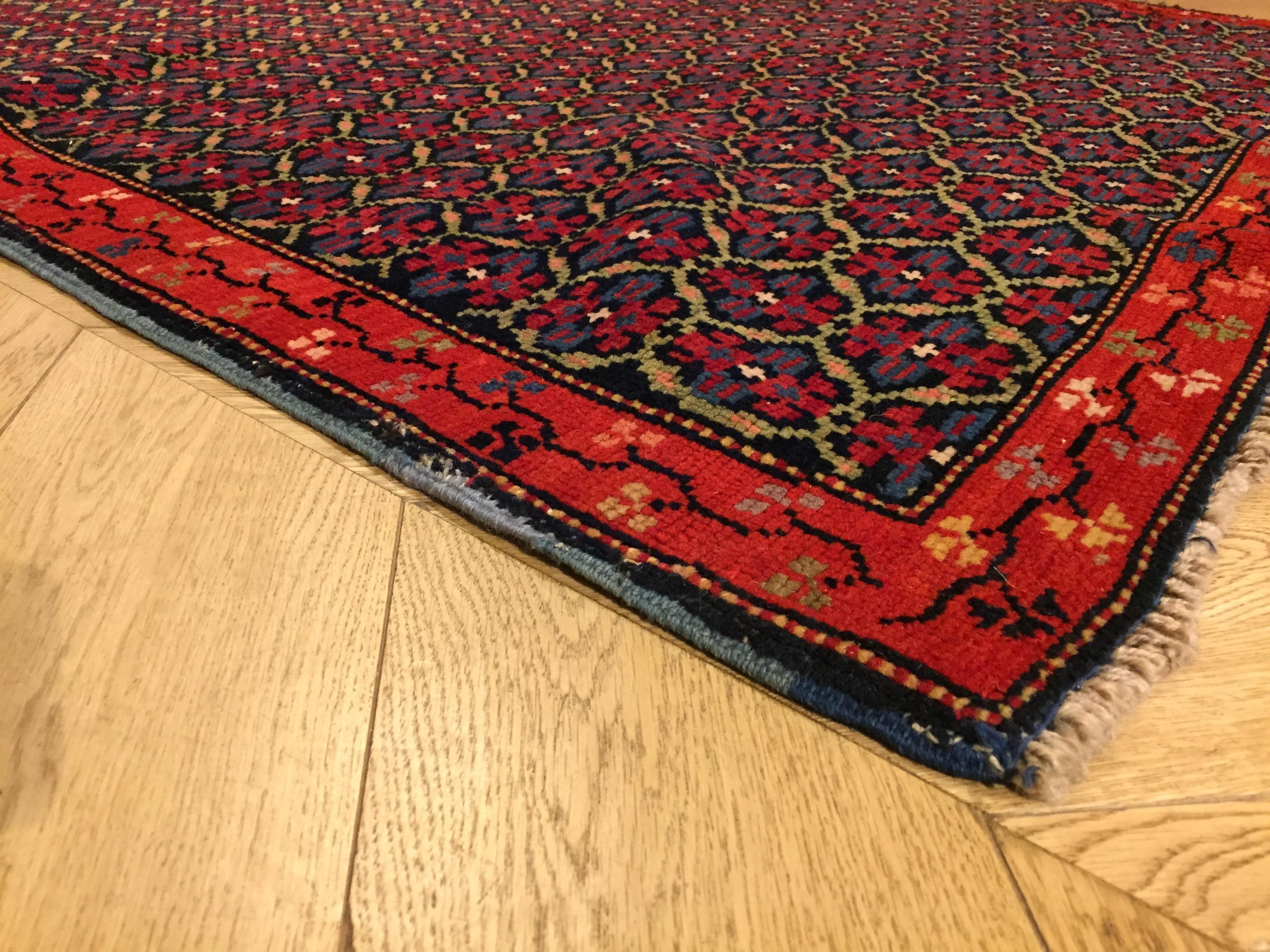 19th Century Red and Blue Flower Wool Runner Karabagh Caucasian Rug, circa 1950 For Sale 3