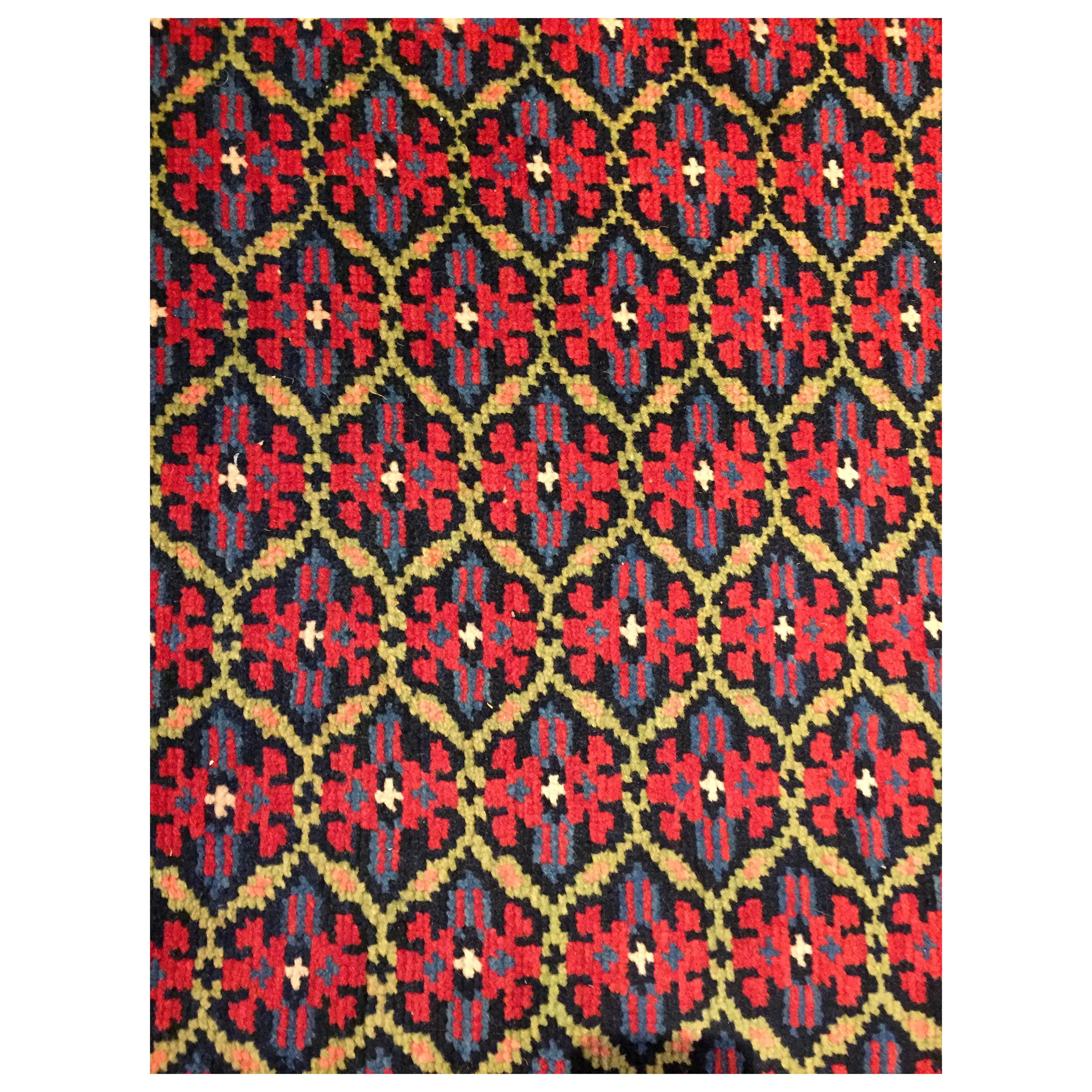 19th Century Red and Blue Flower Wool Runner Karabagh Caucasian Rug, circa 1950 For Sale