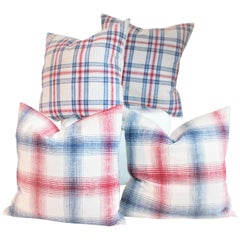 19th Century Red and Blue Linen Pillows / Collection of Four