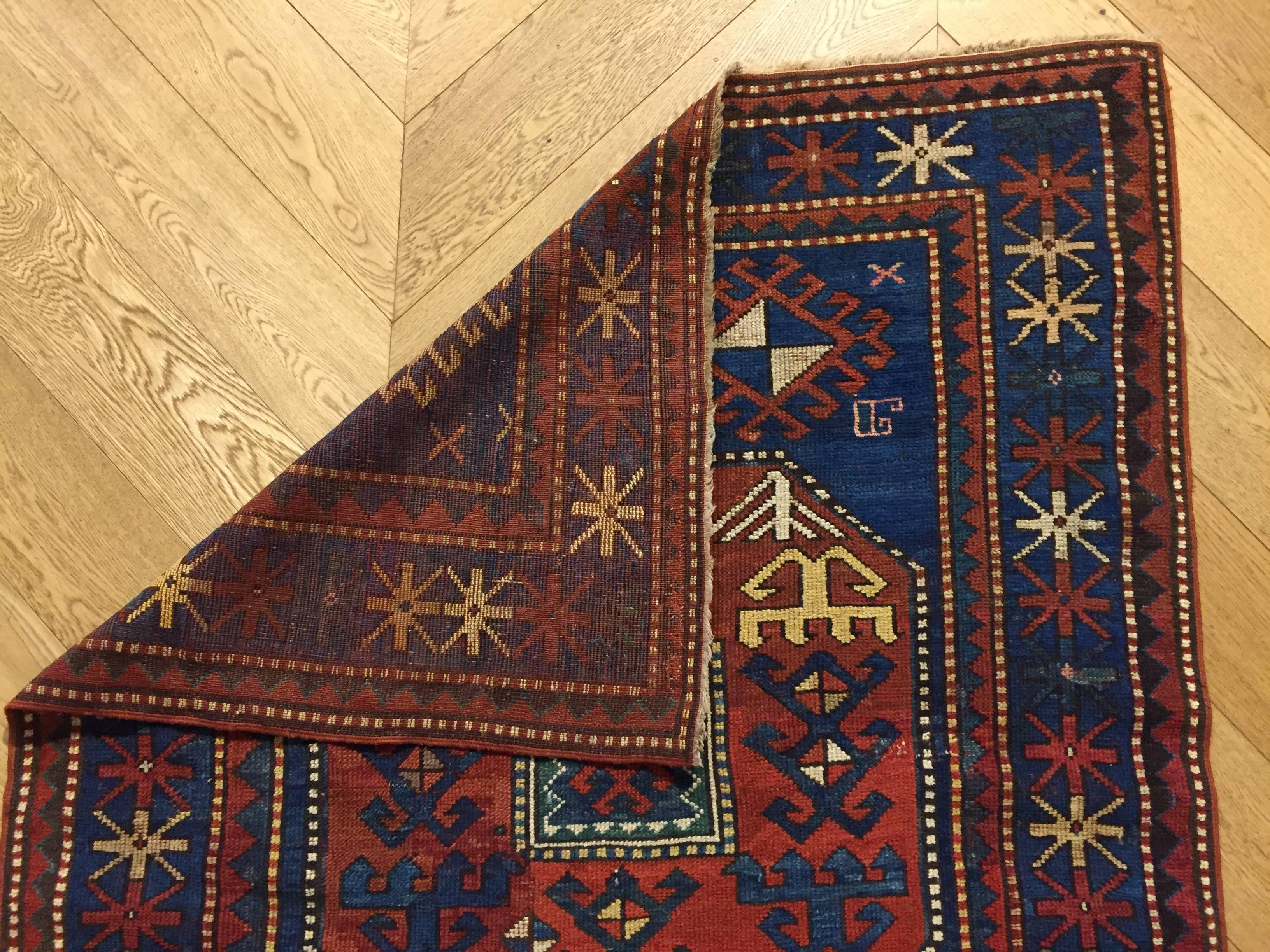 19th Century Red and Blue Wool Medallions Kazak Chajli Caucasian Rug, 1870s For Sale 1