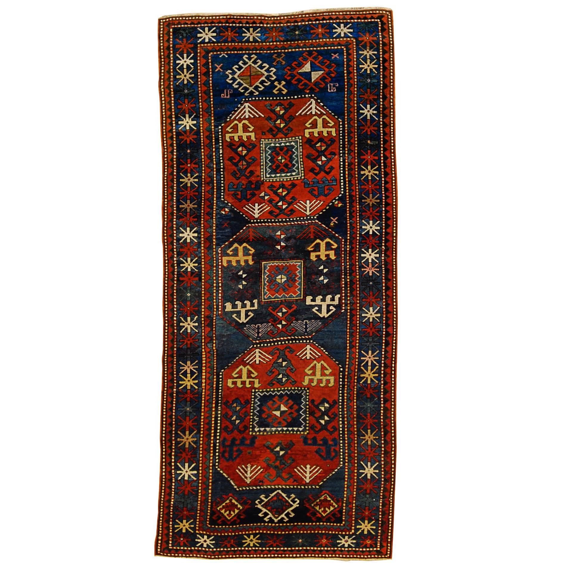 19th Century Red and Blue Wool Medallions Kazak Chajli Caucasian Rug, 1870s