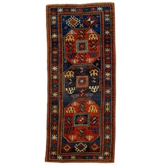 19th Century Red and Blue Wool Medallions Kazak Chajli Caucasian Rug, 1870s