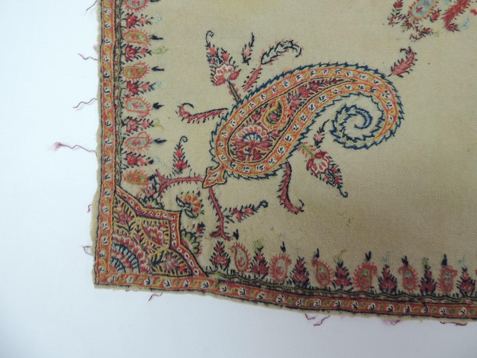 19th century Indian hand-embroidered wool cloth with paisley details on all four sides and center medallion.
Note: some fading and small holes due to age. In shades of hunter green, red, blue, orange, yellow and green.
Ideal for a sofa, table or