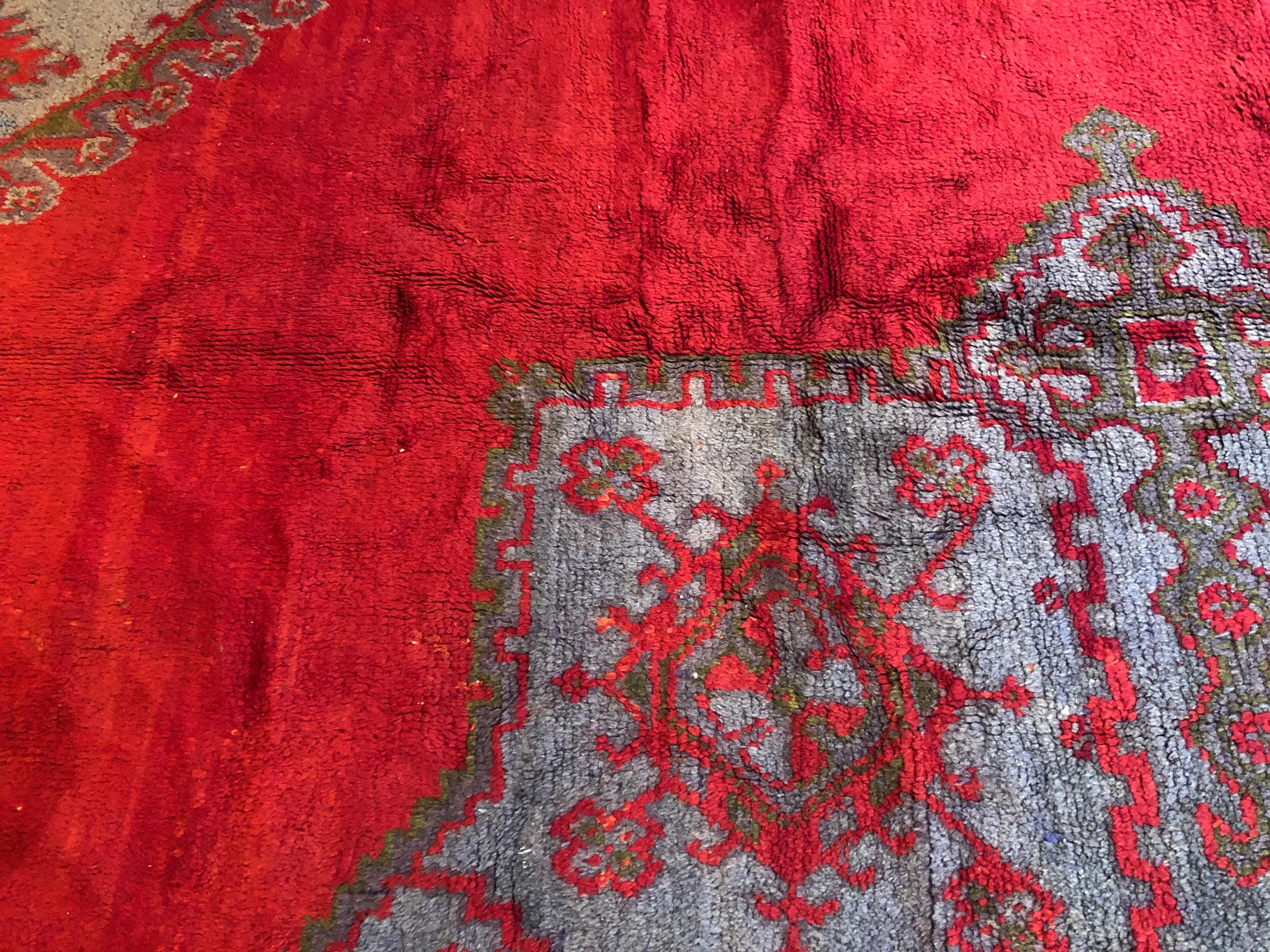 Wool 19th Century Red and Green Square Oushak Turkish Anatolian Rug with Medallion For Sale