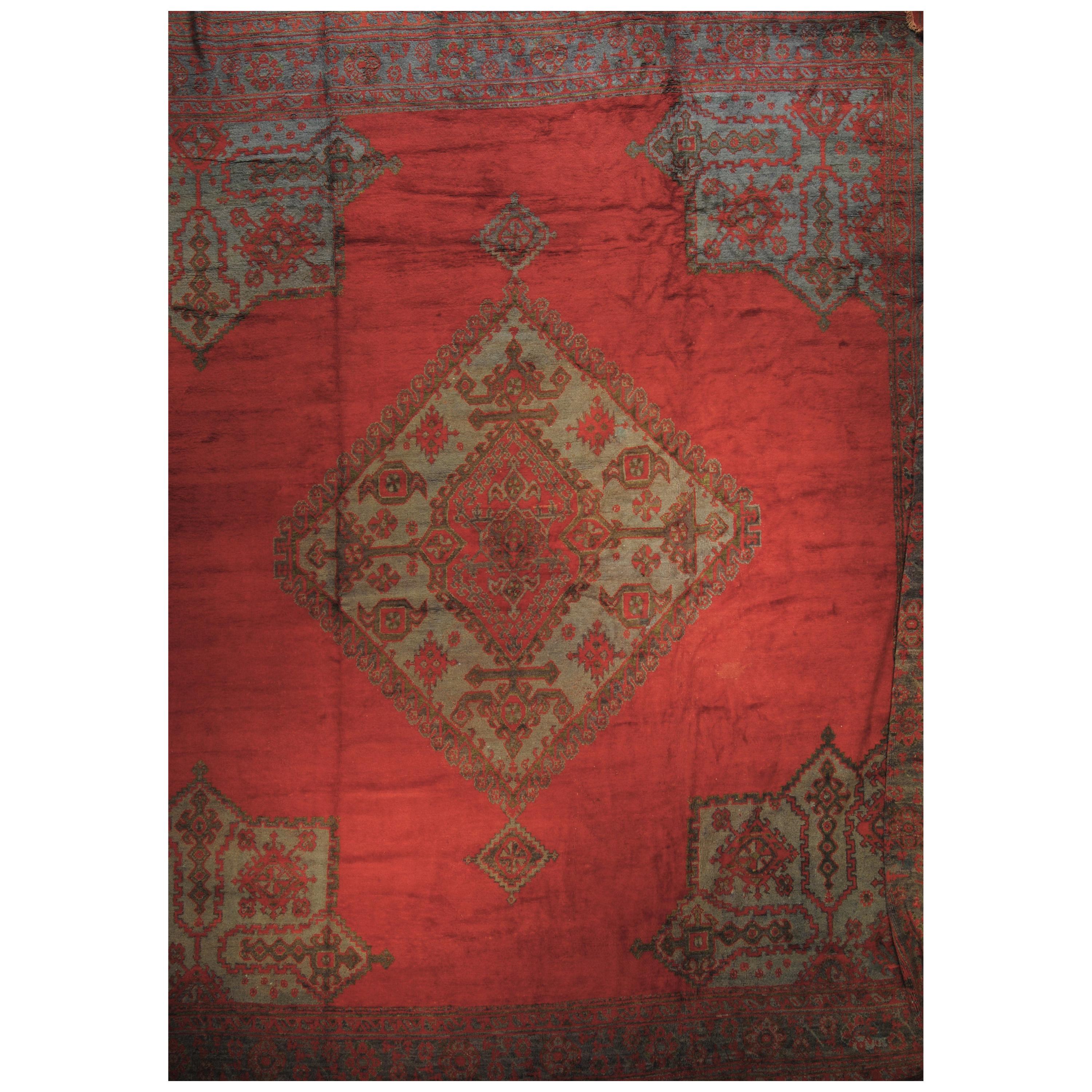 19th Century Red and Green Square Oushak Turkish Anatolian Rug with Medallion For Sale