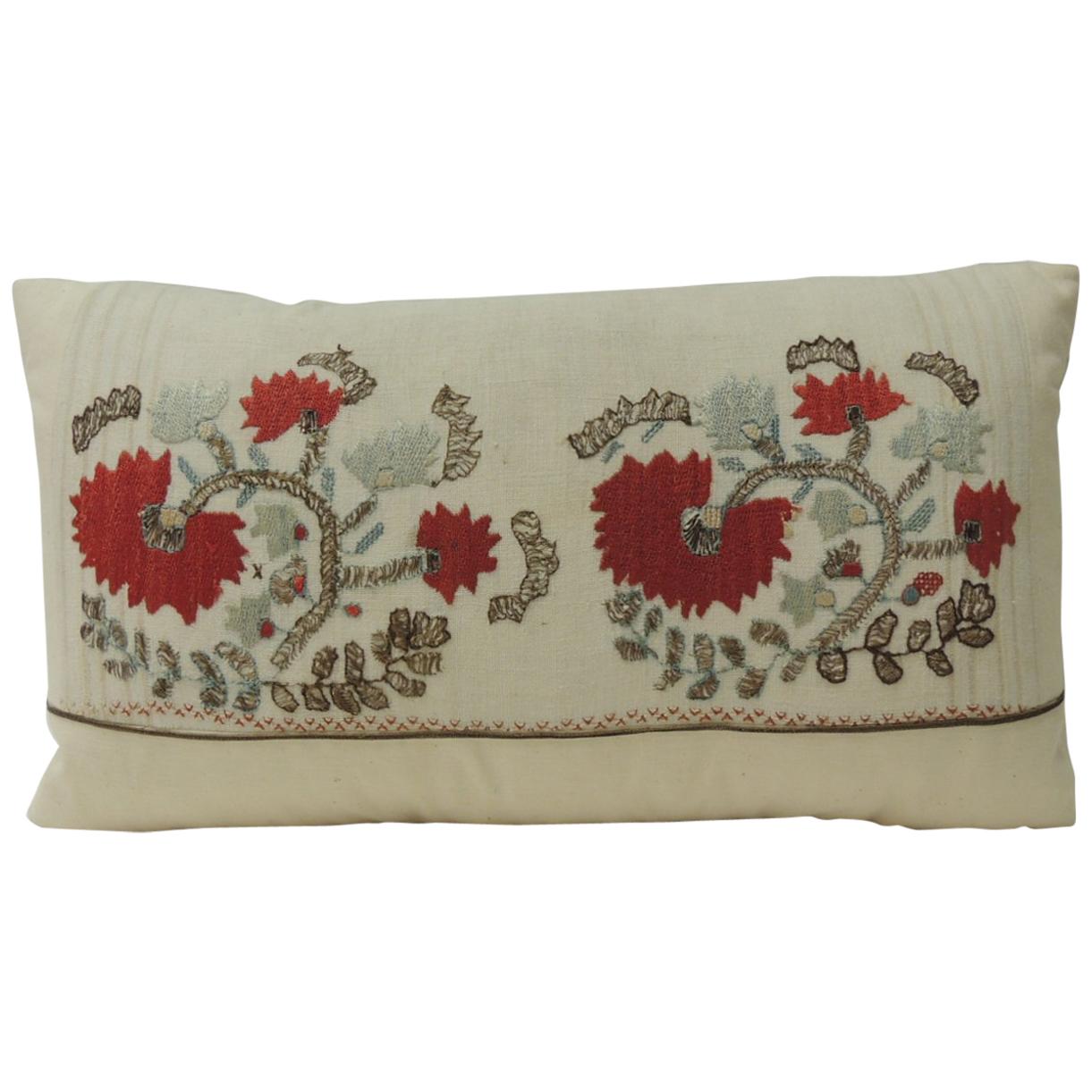 19th Century Red and Green Turkish Embroidery Lumbar Decorative Pillow