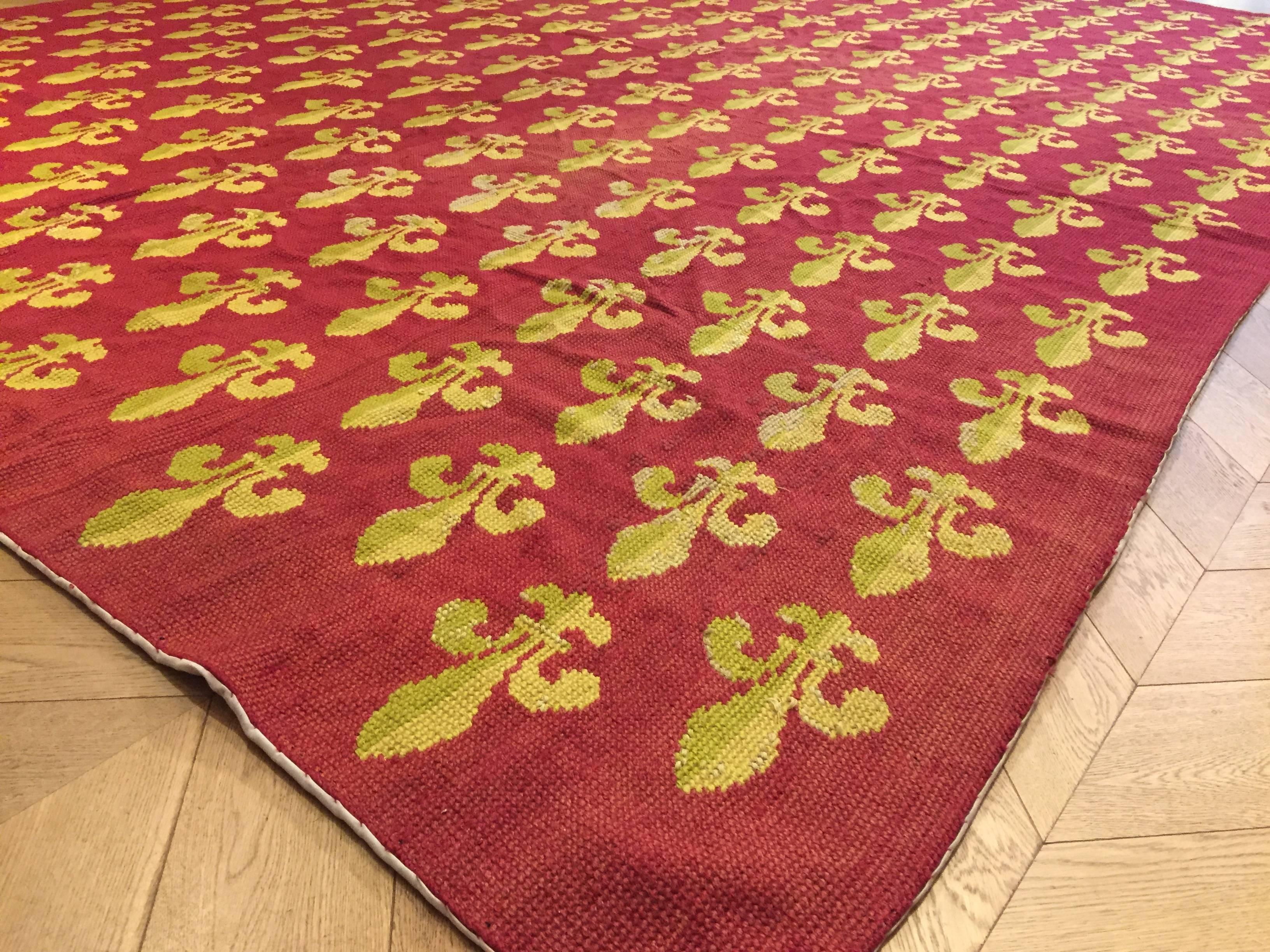 19th Century Red and Yellow Lily Embroidered France Rug, circa 1870 For Sale 4