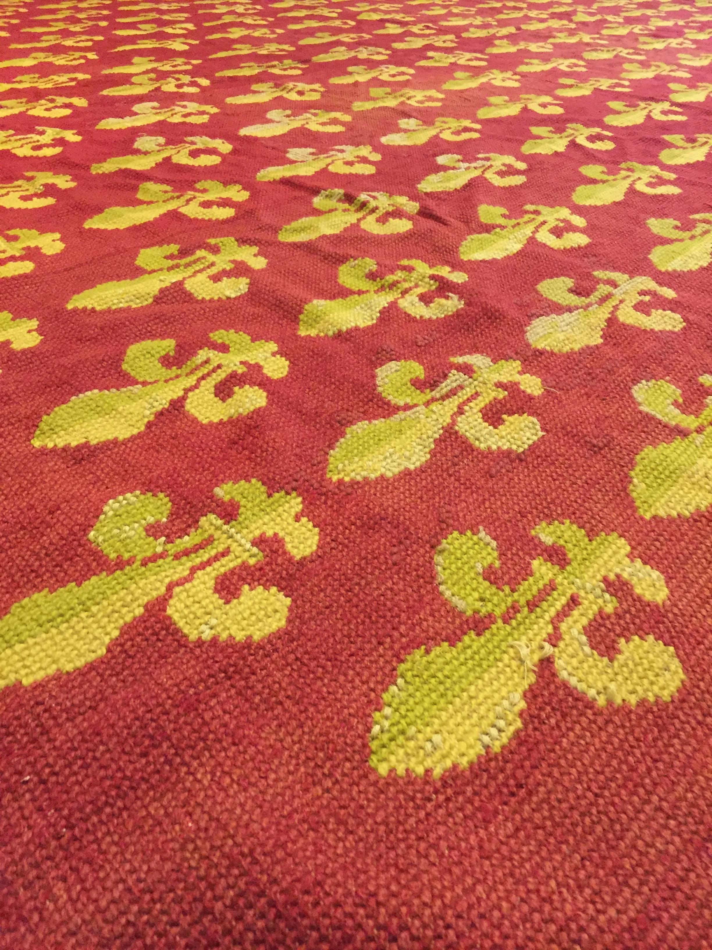 19th Century Red and Yellow Lily Embroidered France Rug, circa 1870 For Sale 5