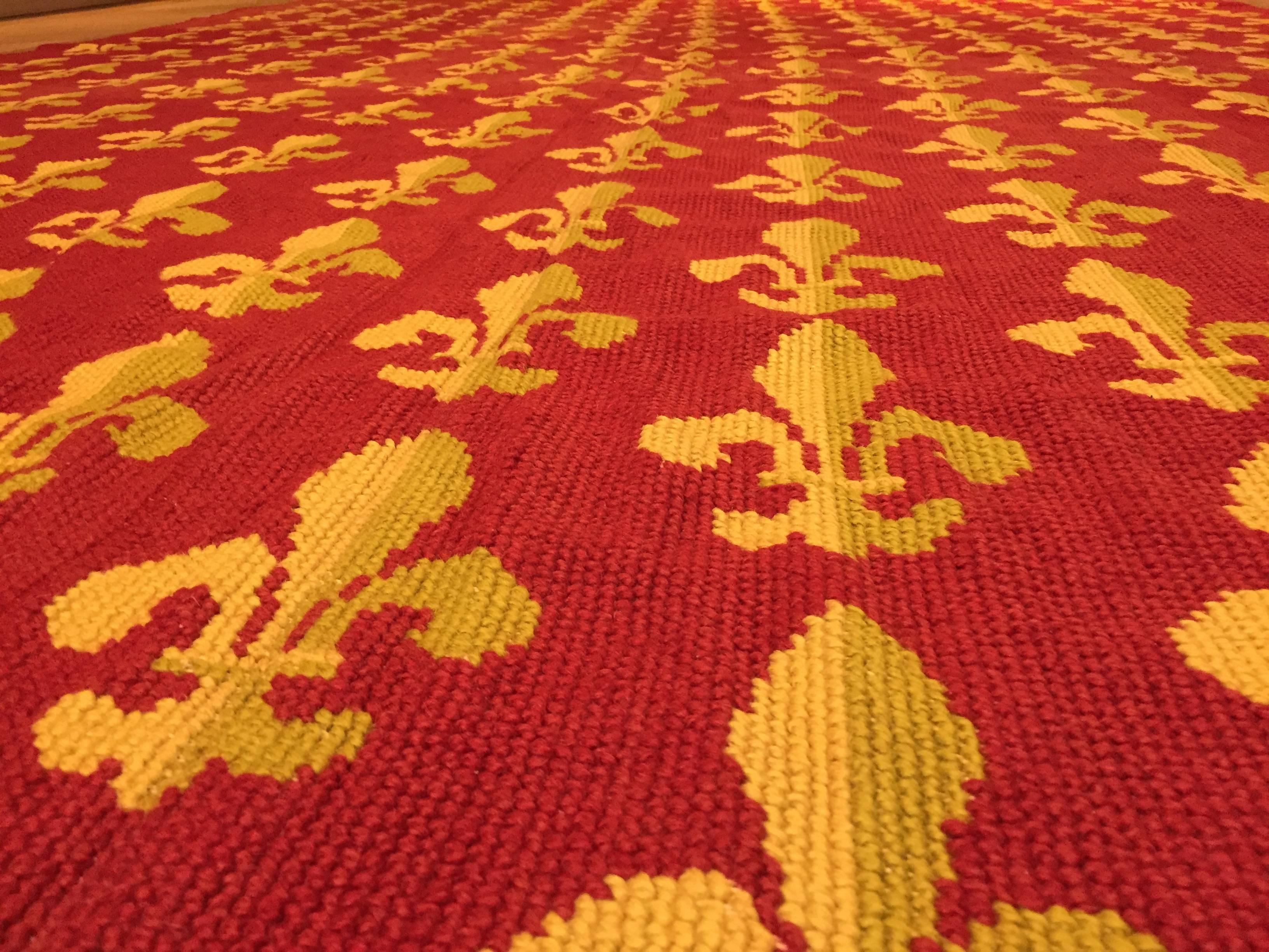 19th Century Red and Yellow Lily Embroidered France Rug, circa 1870 For Sale 6