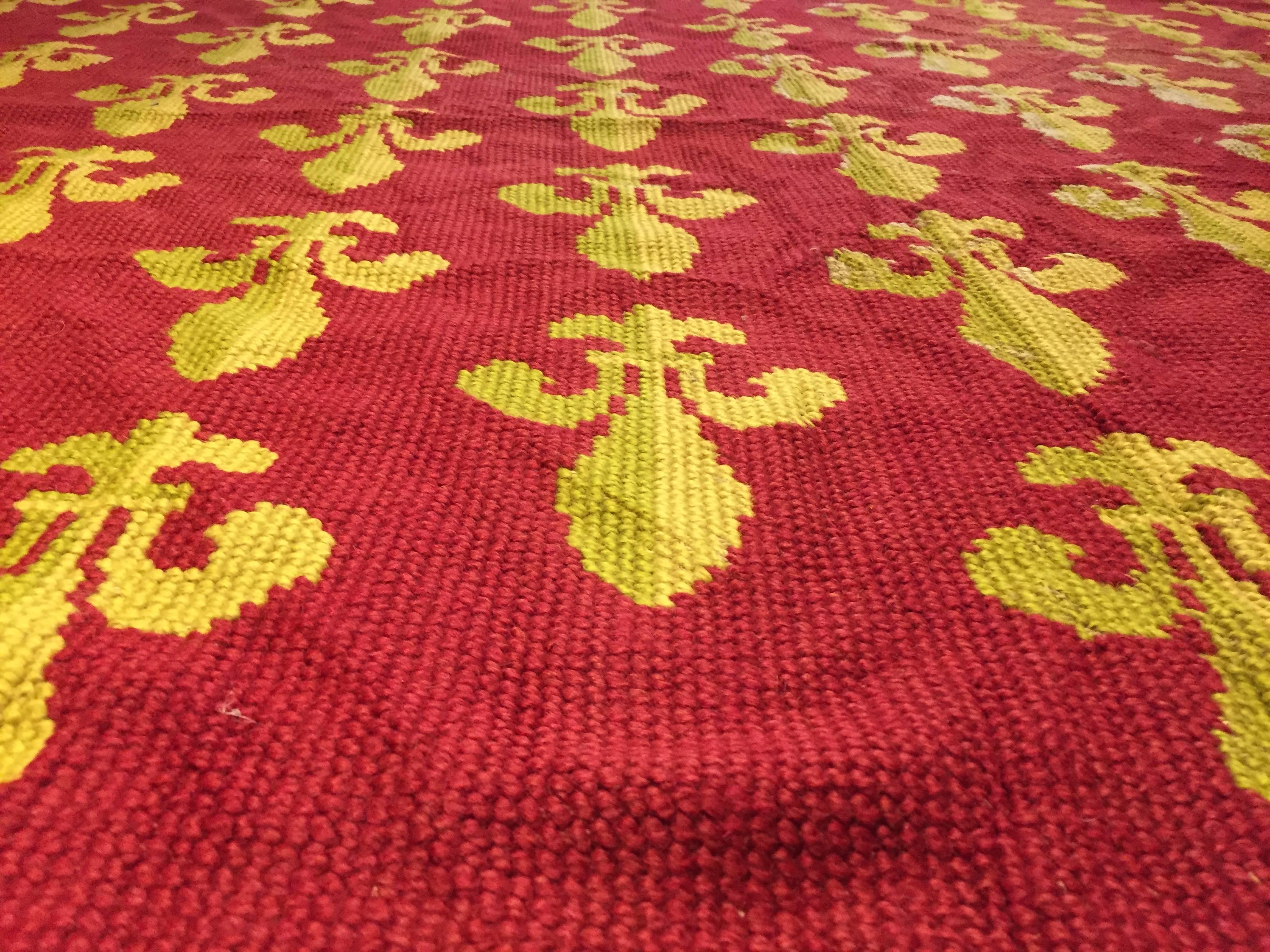19th Century Red and Yellow Lily Embroidered France Rug, circa 1870 For Sale 7