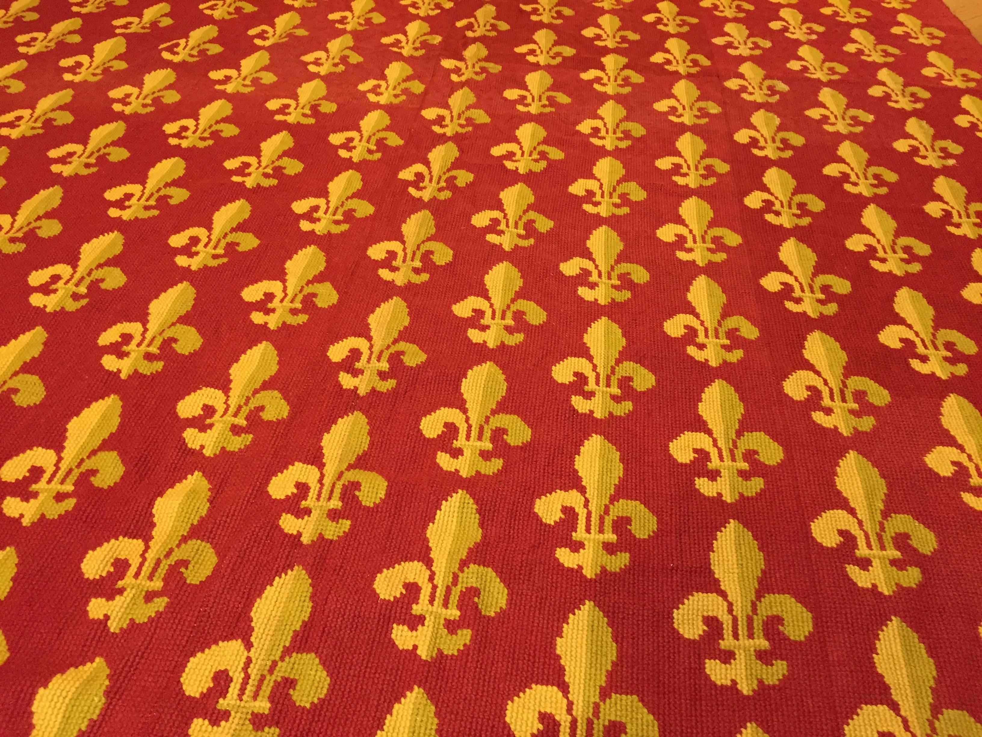 French Provincial 19th Century Red and Yellow Lily Embroidered France Rug, circa 1870 For Sale