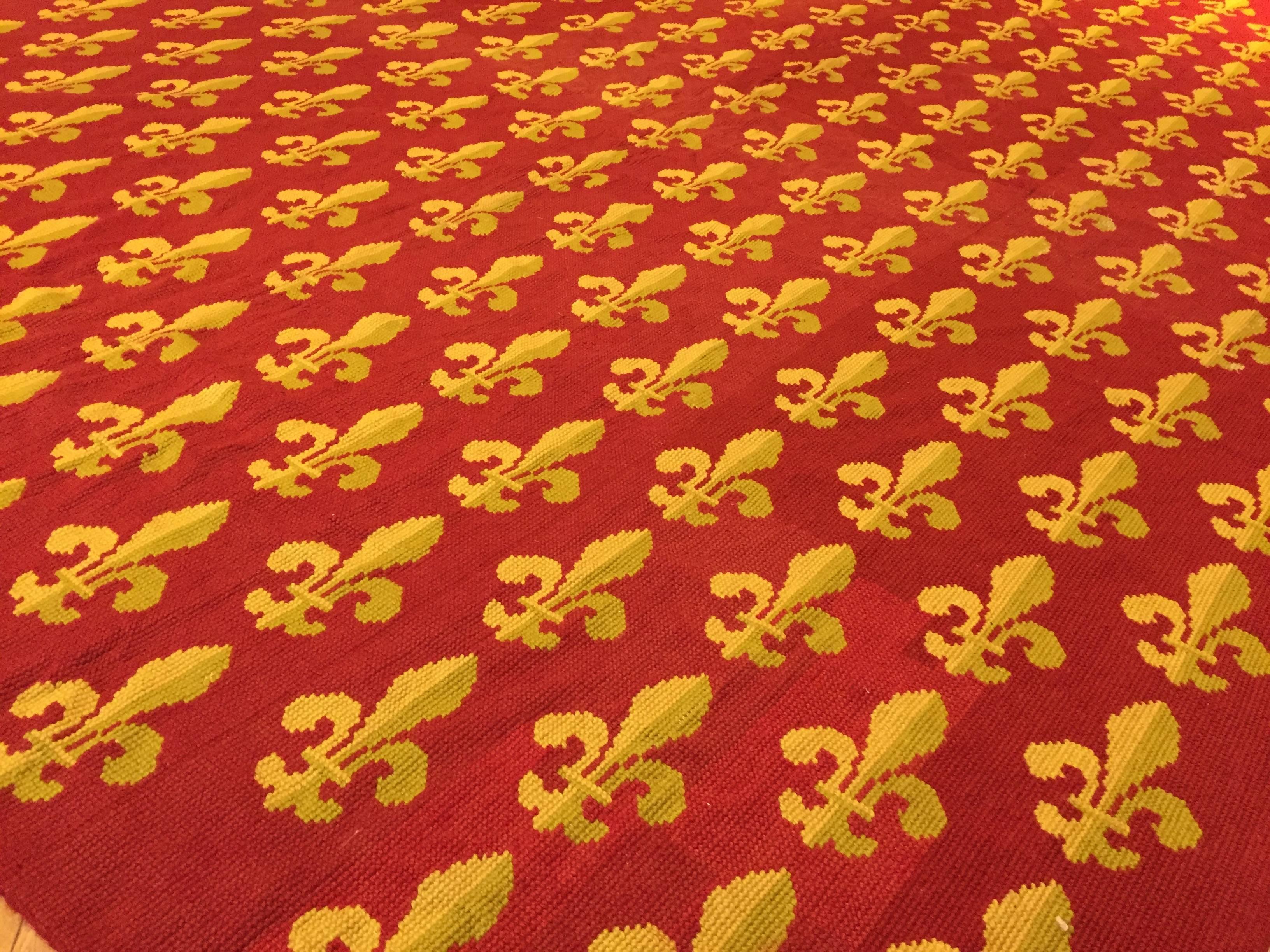 French 19th Century Red and Yellow Lily Embroidered France Rug, circa 1870 For Sale