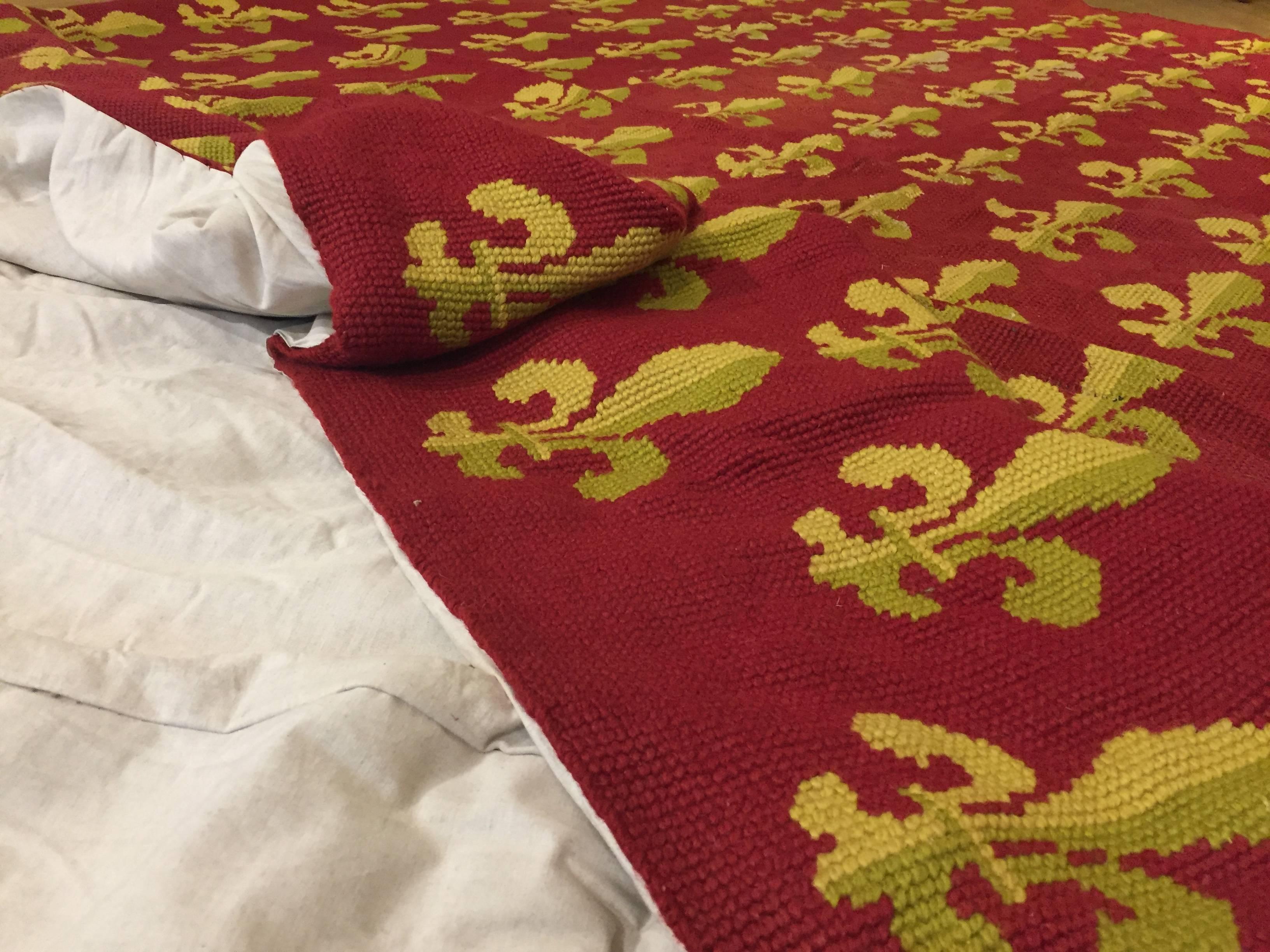 19th Century Red and Yellow Lily Embroidered France Rug, circa 1870 For Sale 1