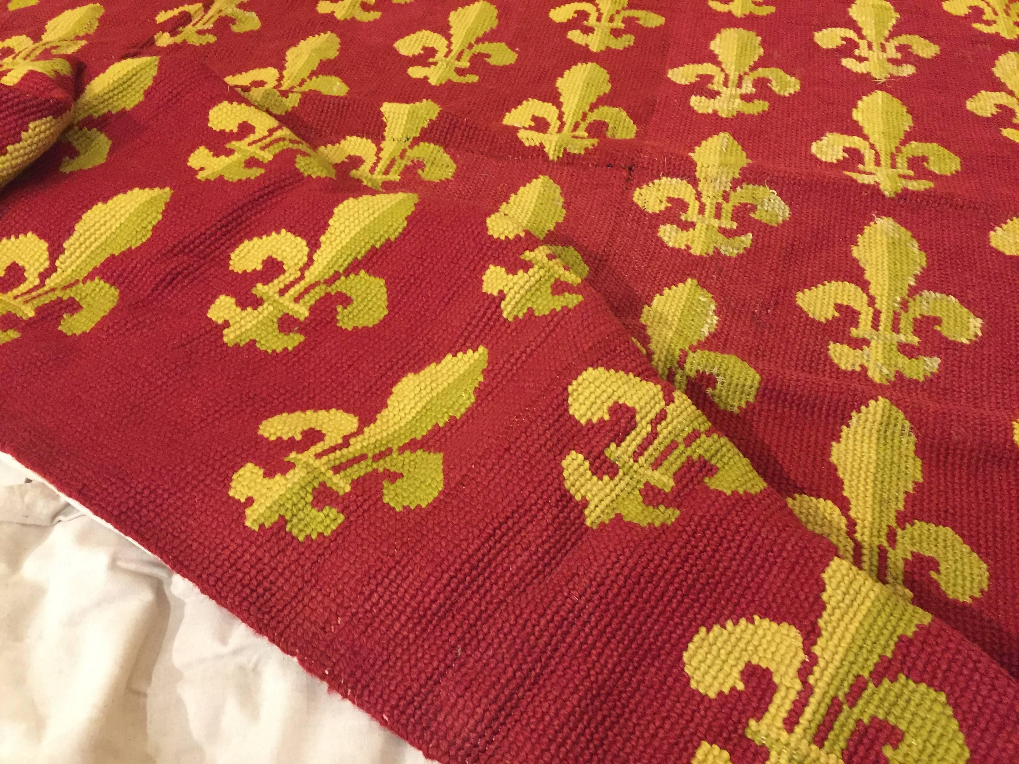 19th Century Red and Yellow Lily Embroidered France Rug, circa 1870 For Sale 2