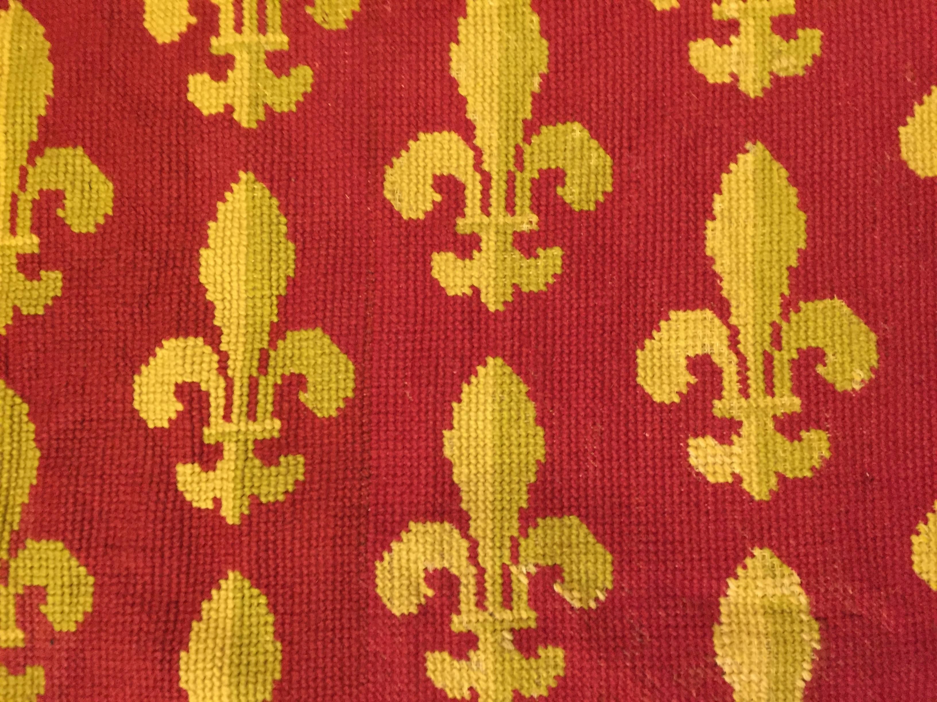 19th Century Red and Yellow Lily Embroidered France Rug, circa 1870 For Sale 3