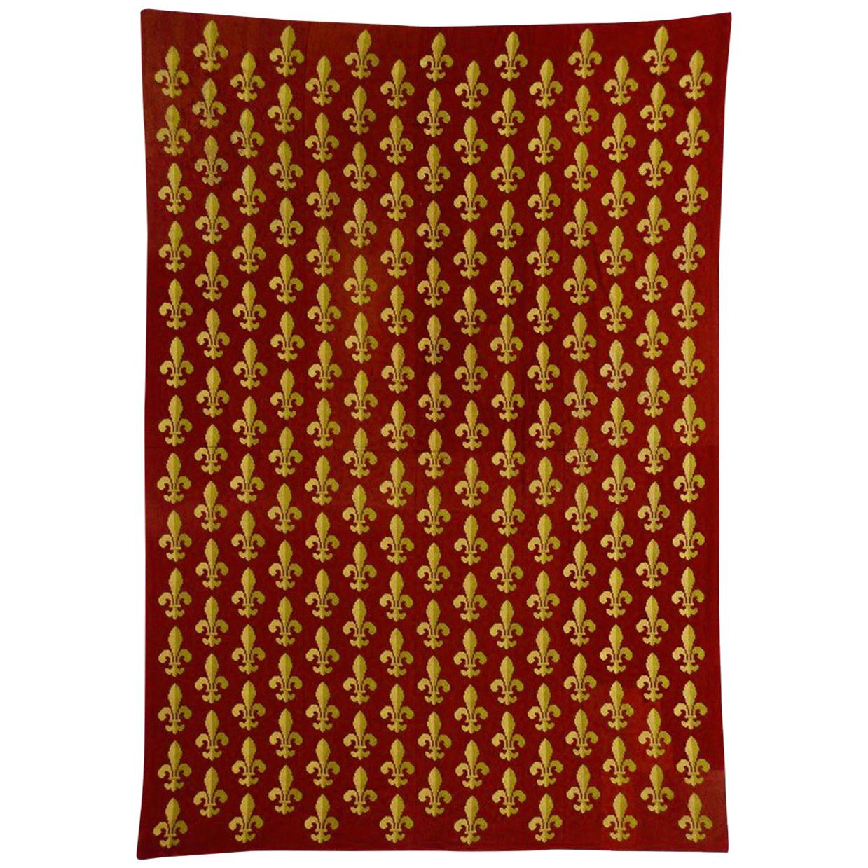 19th Century Red and Yellow Lily Embroidered France Rug, circa 1870 For Sale