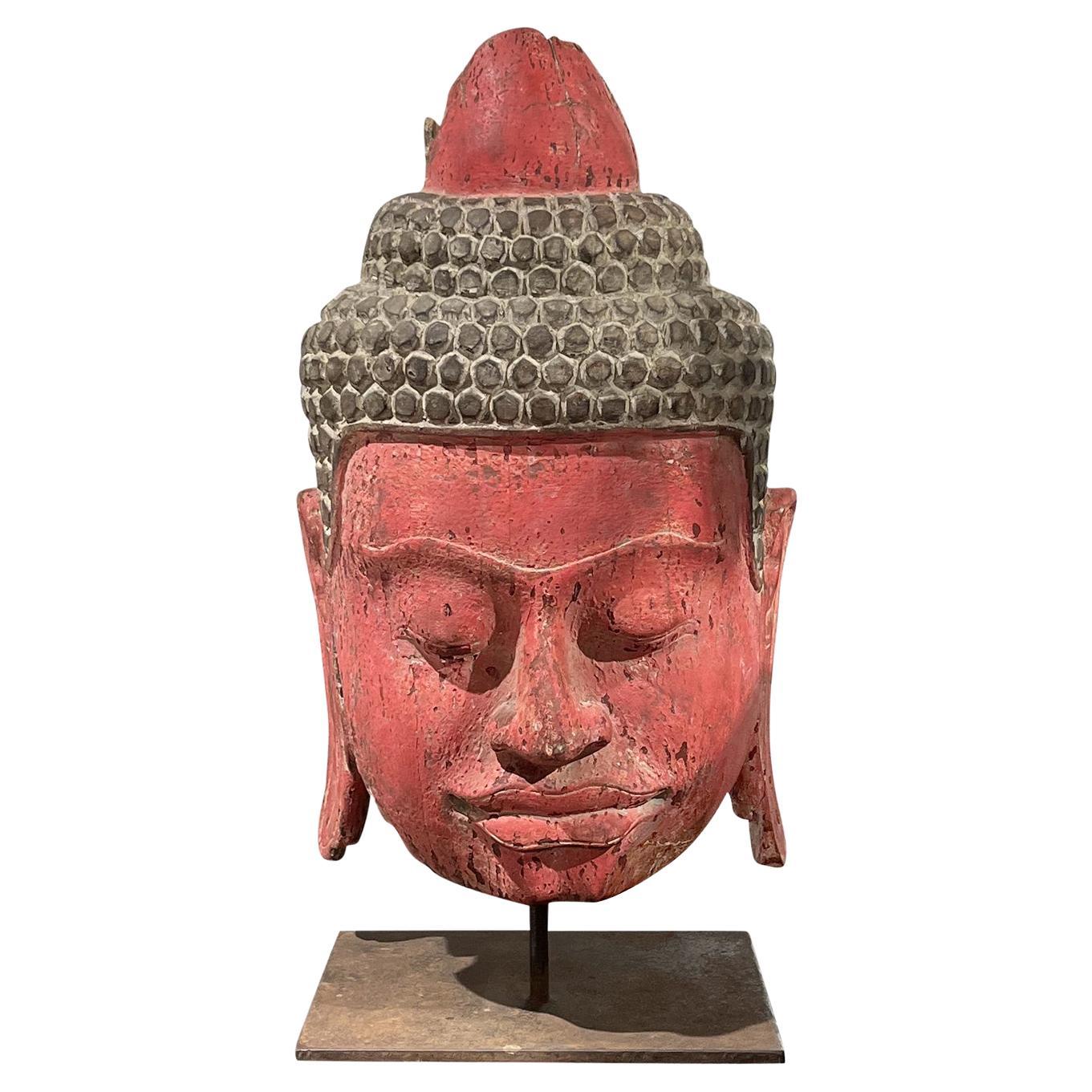 19th Century Red Asian Pinewood Burmese Buddha Head - Antique Décor For Sale