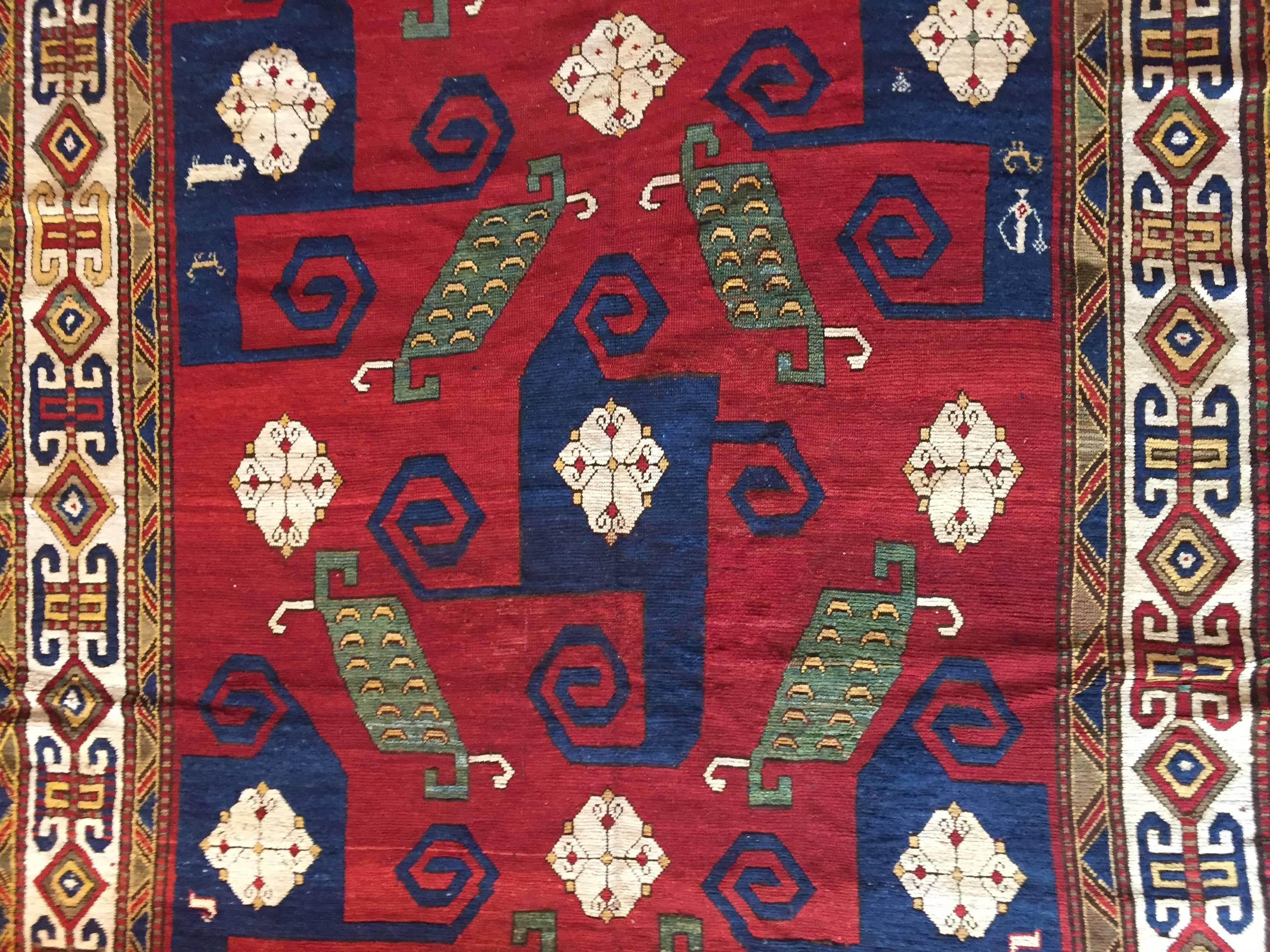 19th Century Red Blue Green White in Wool Kazak Pinwheel Crab Caucaso Rug, 1850s 7