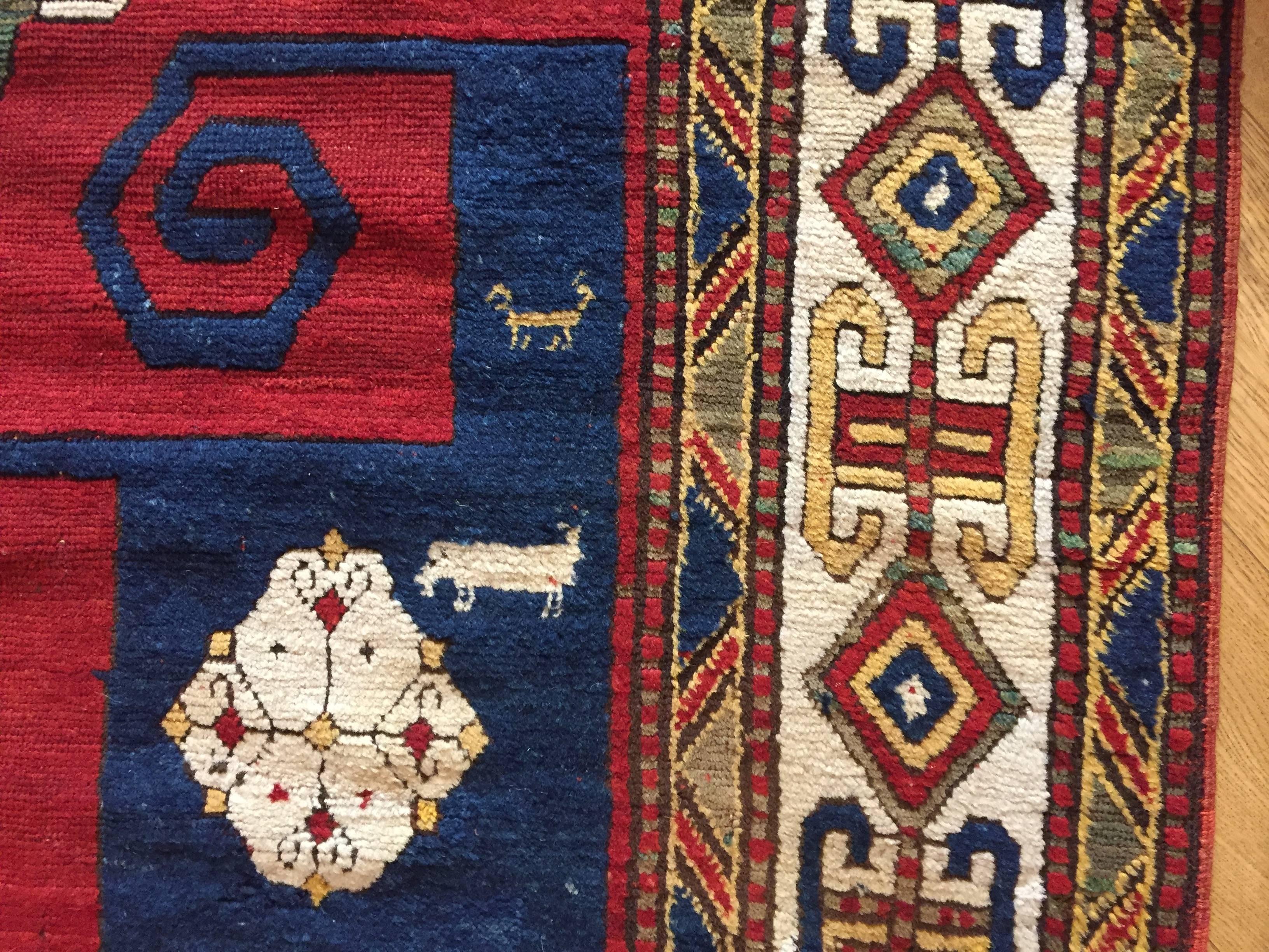 19th Century Red Blue Green White in Wool Kazak Pinwheel Crab Caucaso Rug, 1850s 2