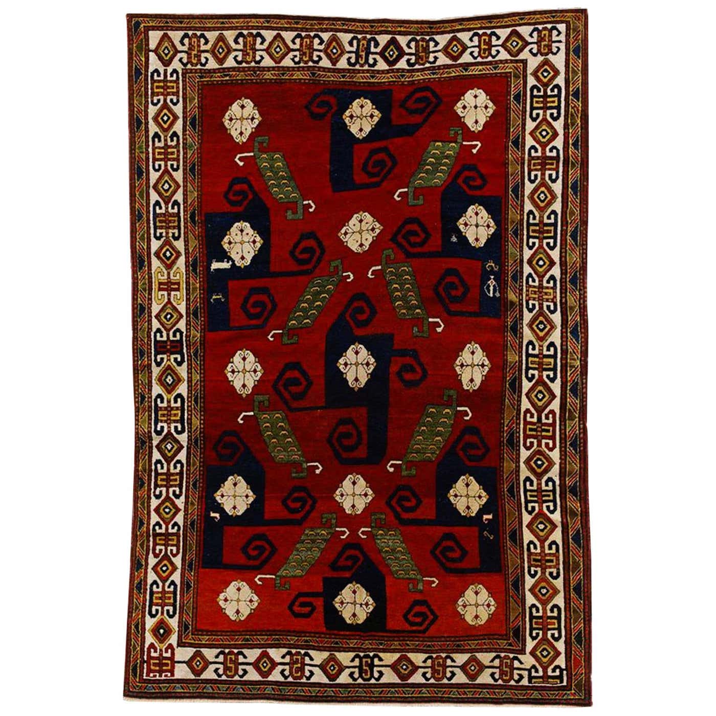 19th Century Red Blue Green White in Wool Kazak Pinwheel Crab Caucaso ...