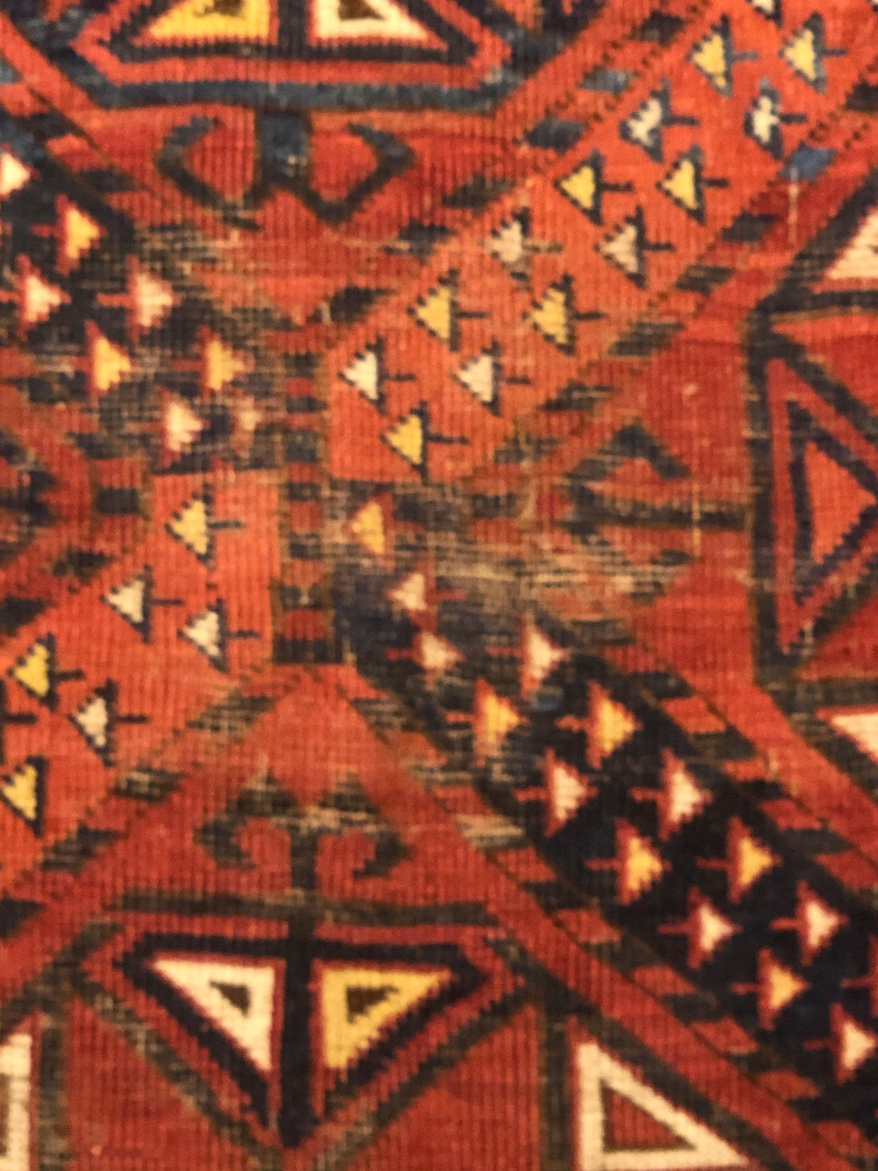 19th Century Red Blue White Geometric Archaic Polygonal Turkmen Rug, about 1870 For Sale 6