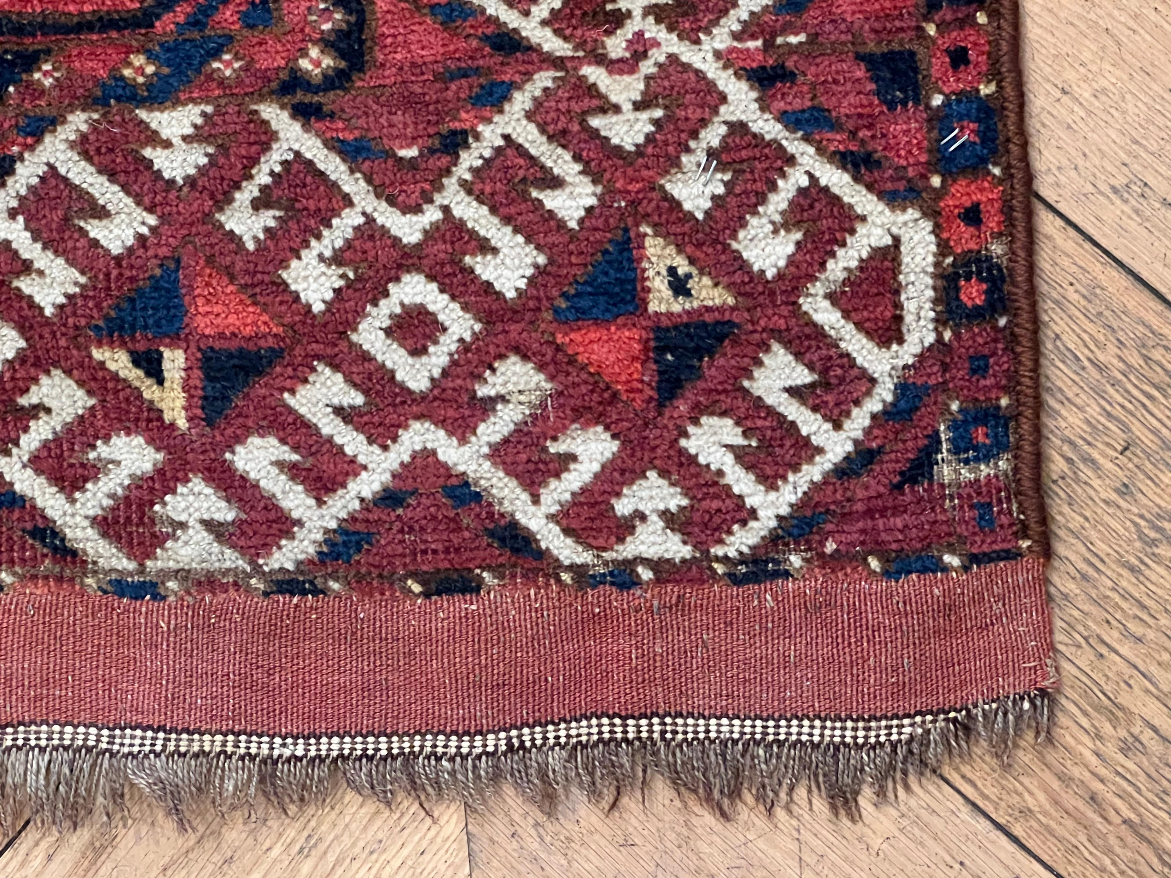 19th Century Red Blue White Geometric Archaic Polygonal Turkmen Rug, about 1870 For Sale 13