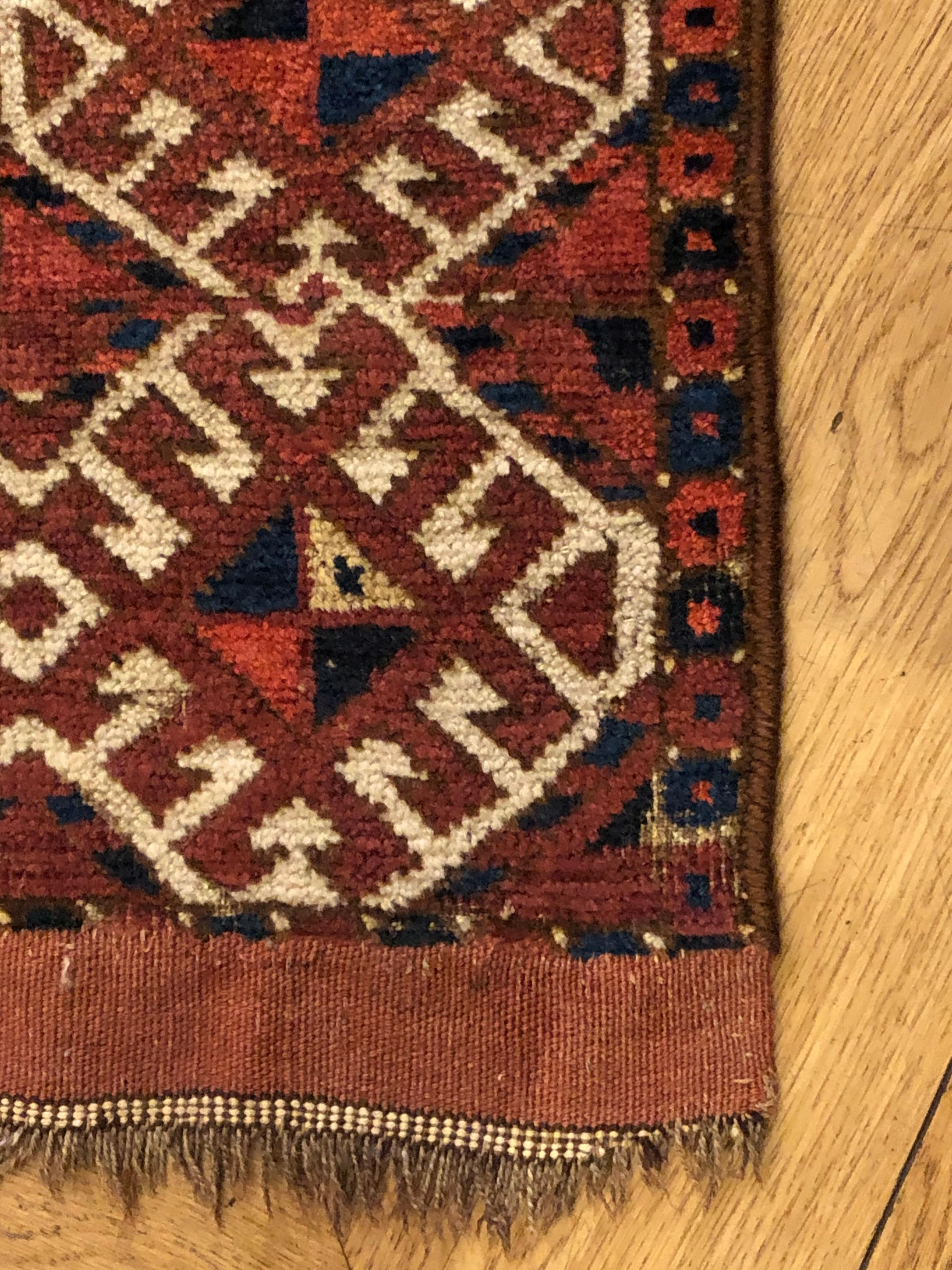 19th Century Red Blue White Geometric Archaic Polygonal Turkmen Rug, about 1870 For Sale 3