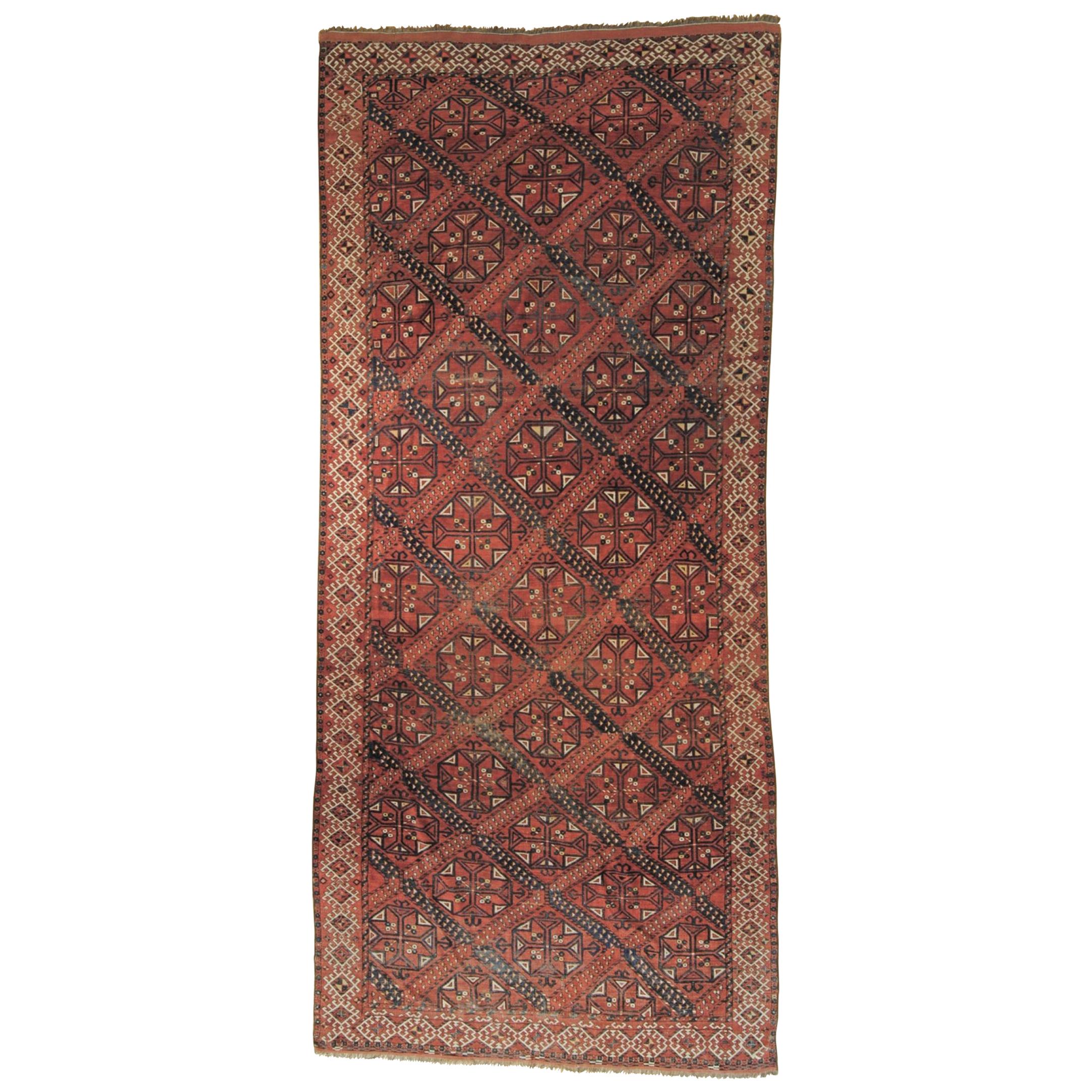 19th Century Red Blue White Geometric Archaic Polygonal Turkmen Rug, about 1870 For Sale