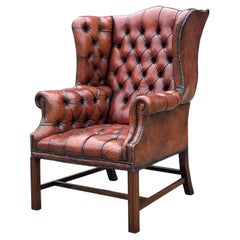 19th Century Red Brown Leather Full Button Wing Armchair