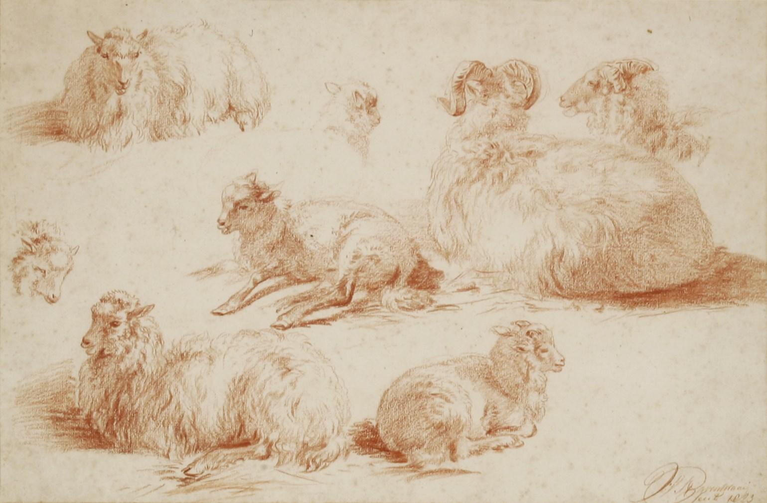 Rote Chalk-Zeichnung von Schafen von Jan van Ravenswaay, 19. Jahrhundert (Papier) im Angebot