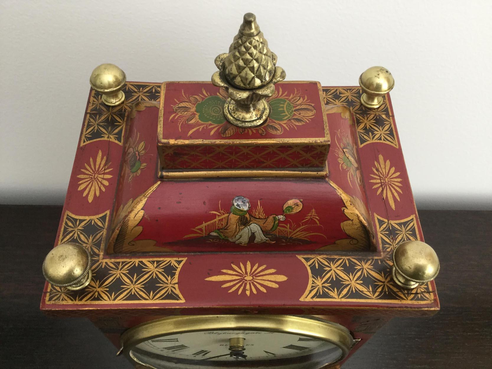 British 19th Century Red Chinoiserie English Bracket Clock