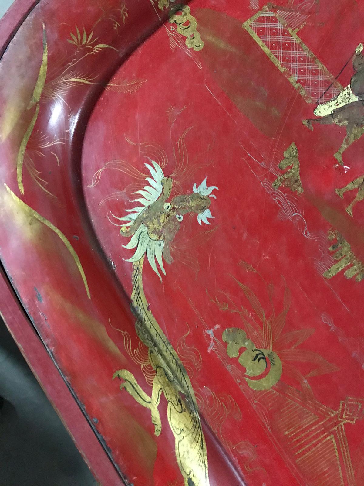 19th Century Red Chinoiserie Tray on Custom Stand as Coffee Table For Sale 4