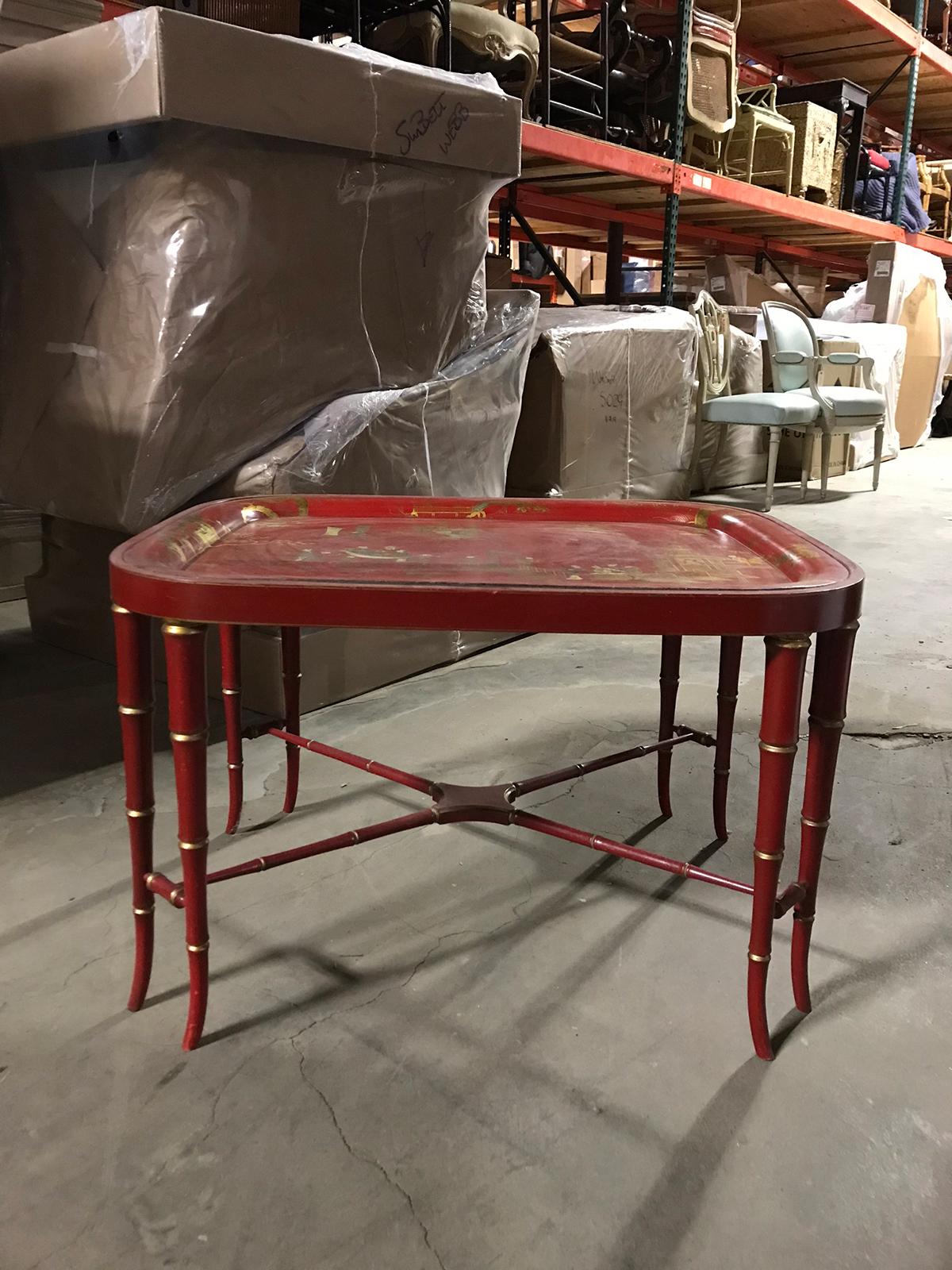 19th century red chinoiserie tray on custom stand as coffee table.