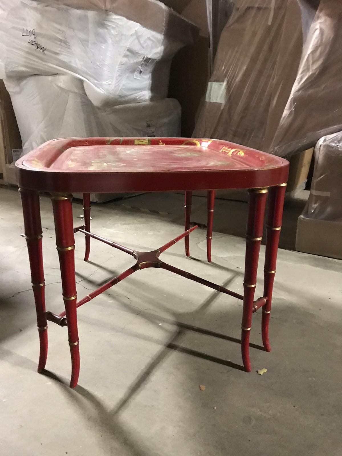 19th Century Red Chinoiserie Tray on Custom Stand as Coffee Table In Good Condition For Sale In Atlanta, GA