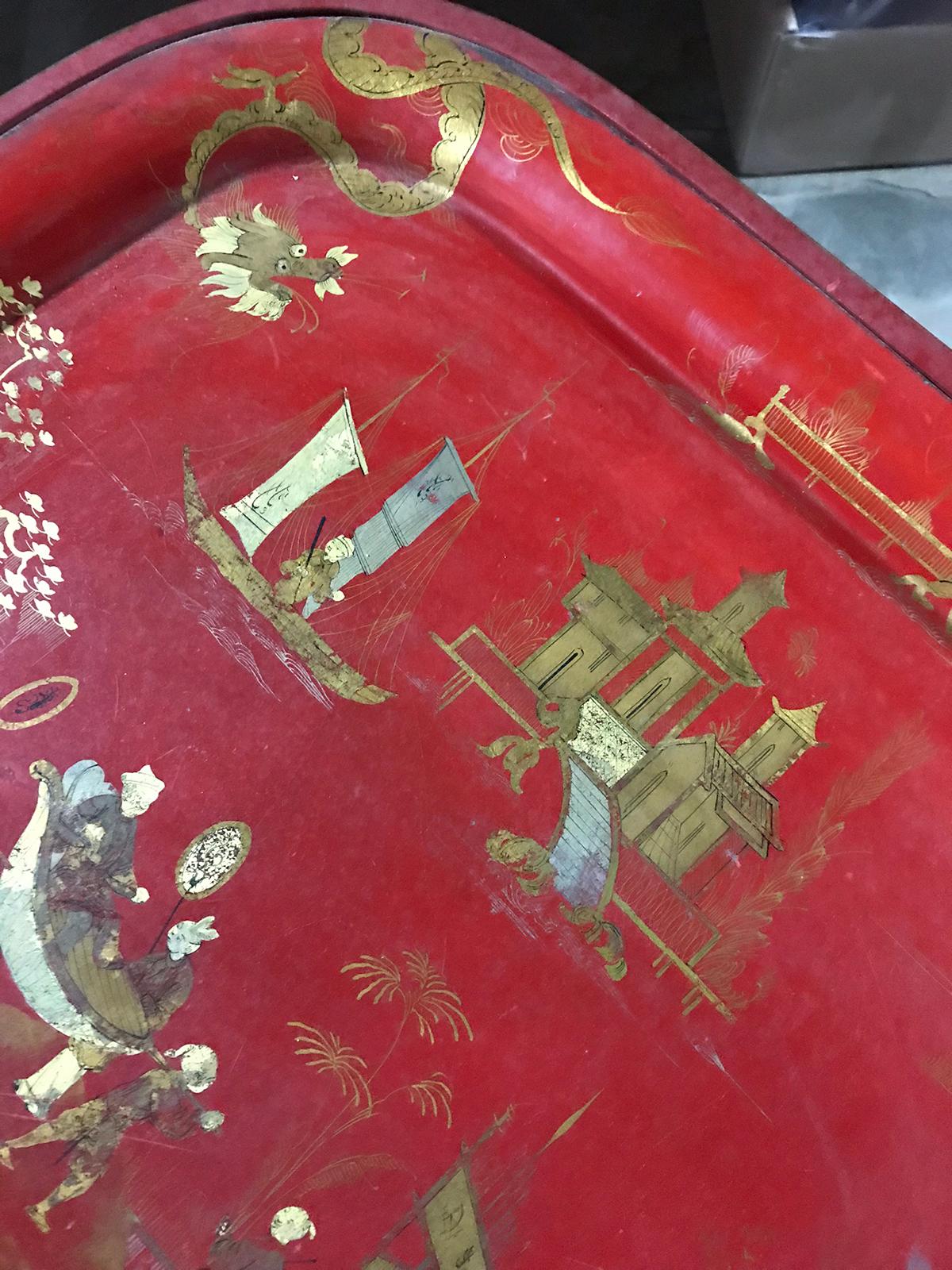 19th Century Red Chinoiserie Tray on Custom Stand as Coffee Table For Sale 2